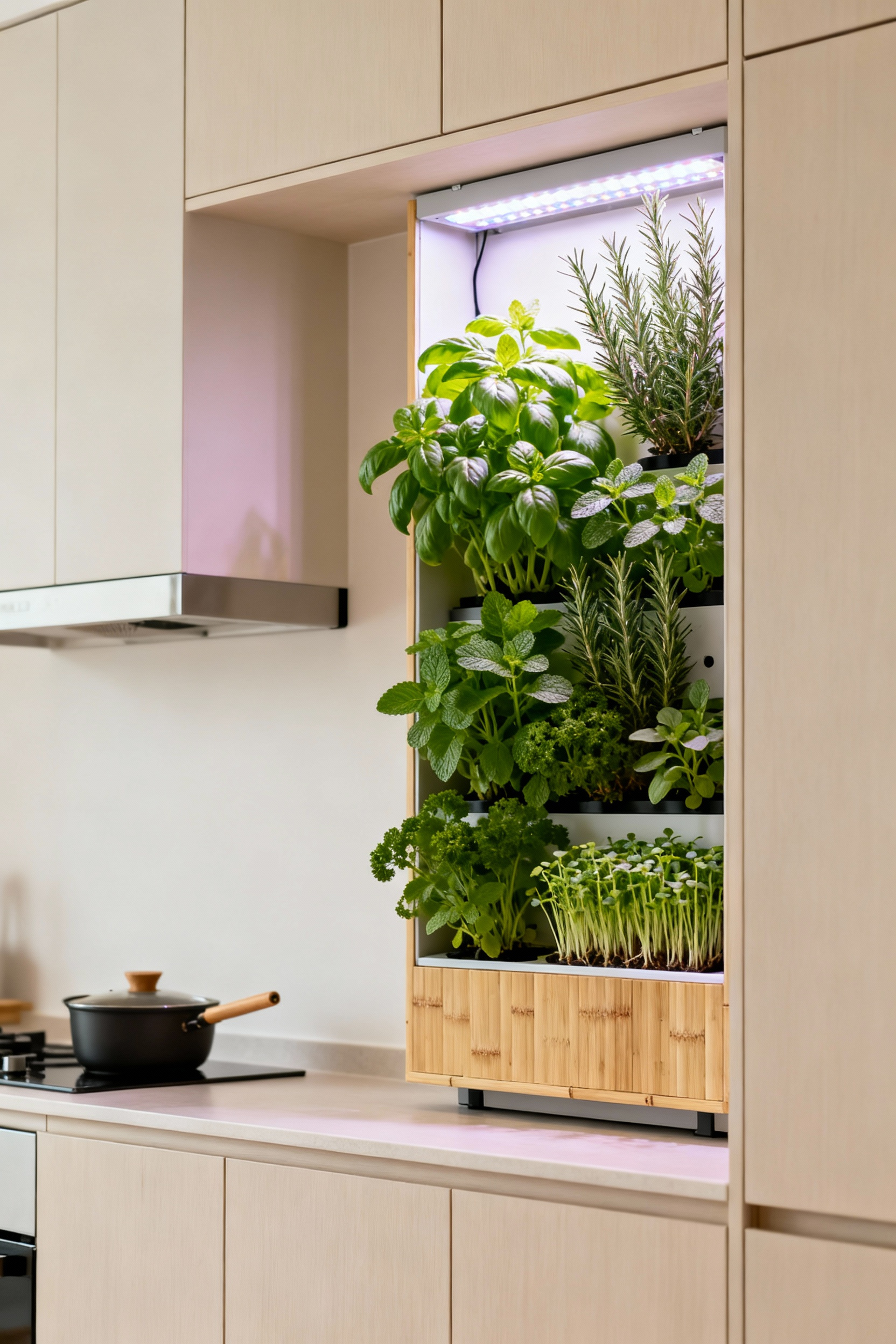 Modern kitchen with a seamlessly integrated vertical hydroponic garden featuring various fresh herbs and microgreens under subtle LED lighting.