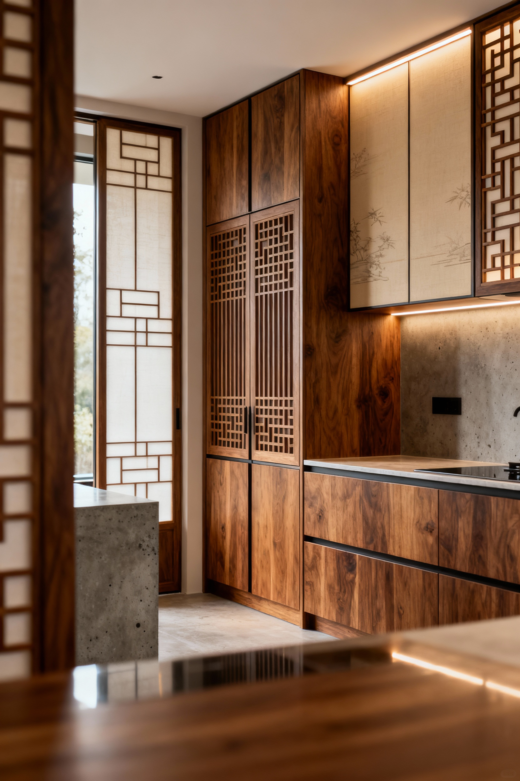 Modern kitchen with bespoke cabinetry showcasing Asian-European fusion design, intricate Kumiko latticework, reclaimed European oak, and integrated LED lighting, reflecting elegant craftsmanship and smart storage solutions.