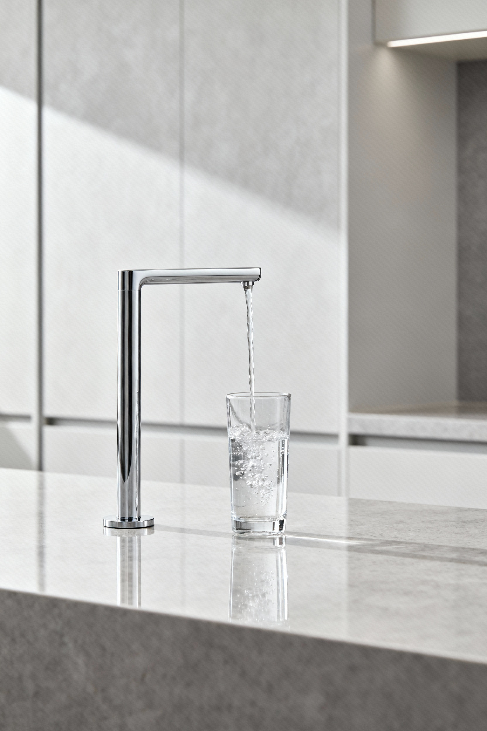 Sleek chrome integrated water filtration system faucet dispensing pure water in a modern minimalist kitchen with light countertops and clean lines, embodying health and convenience.