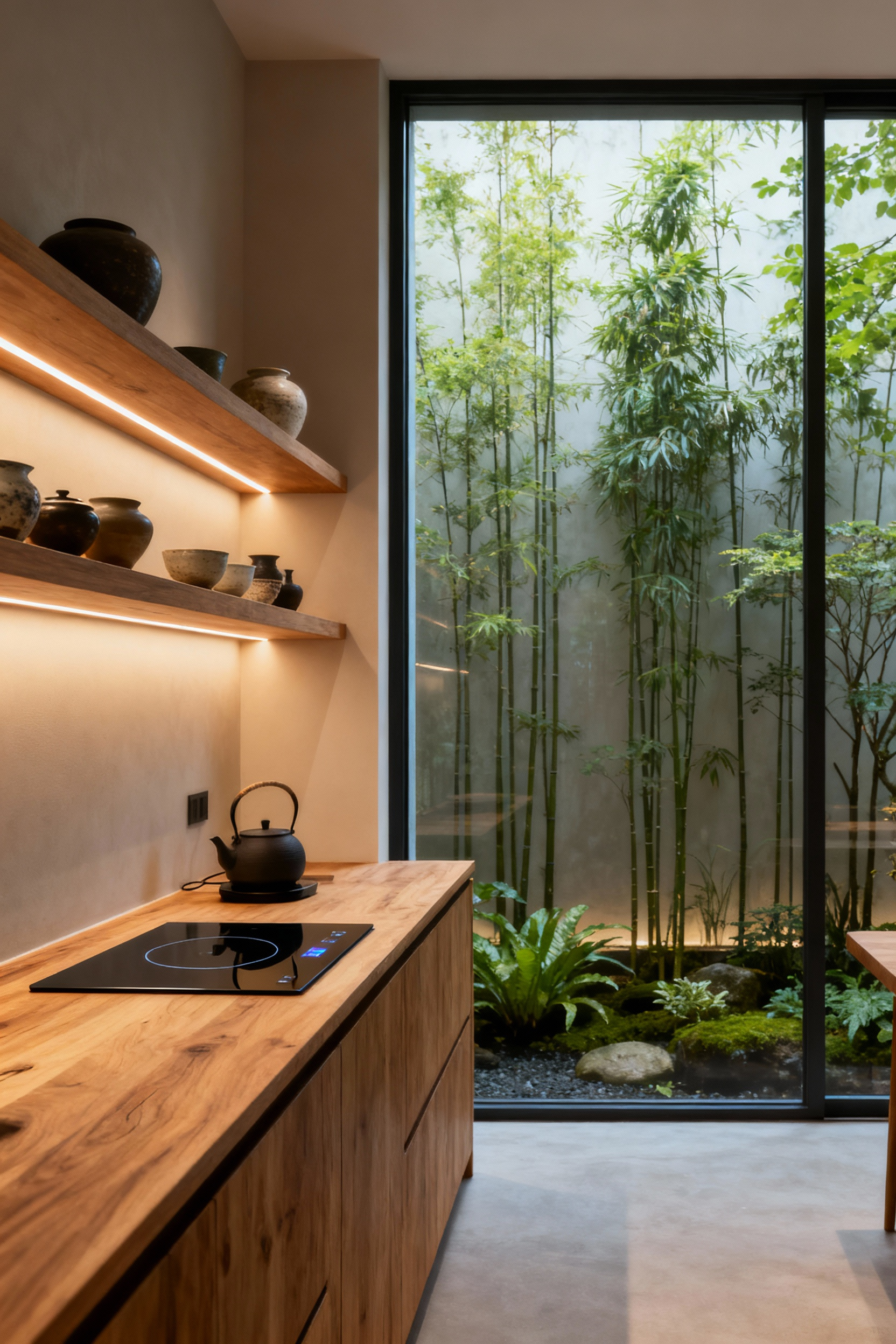 A serene modern kitchen showing a bespoke tea ceremony alcove with natural wood, subtle lighting, and minimalist ceramics, embodying personalized culinary rituals.