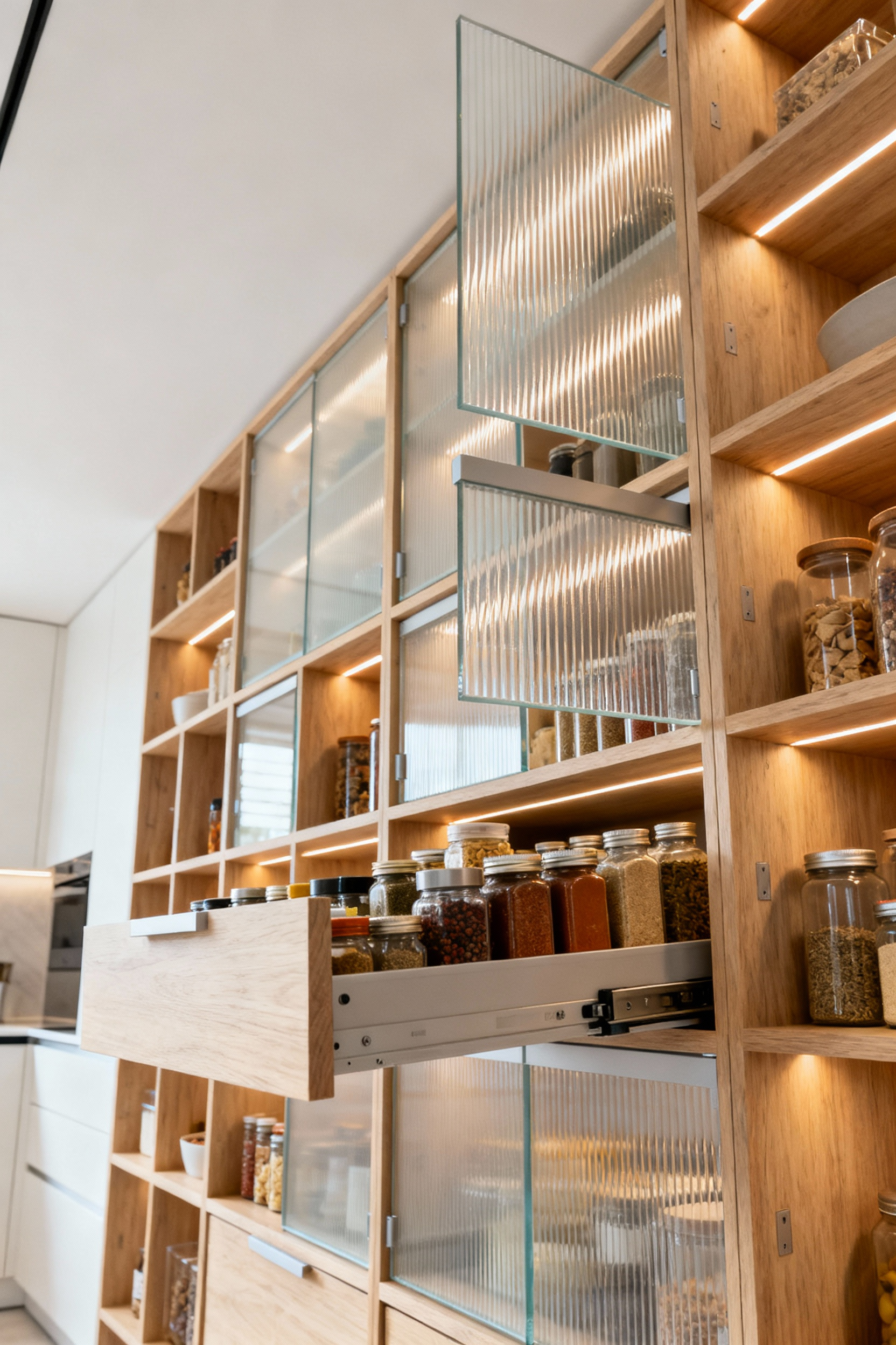Modern kitchen pantry interior featuring adaptive storage solutions, including dynamic racking, adjustable shelves, soft-close pull-out drawers, frosted glass dividers, and integrated diffused lighting for optimal organization.