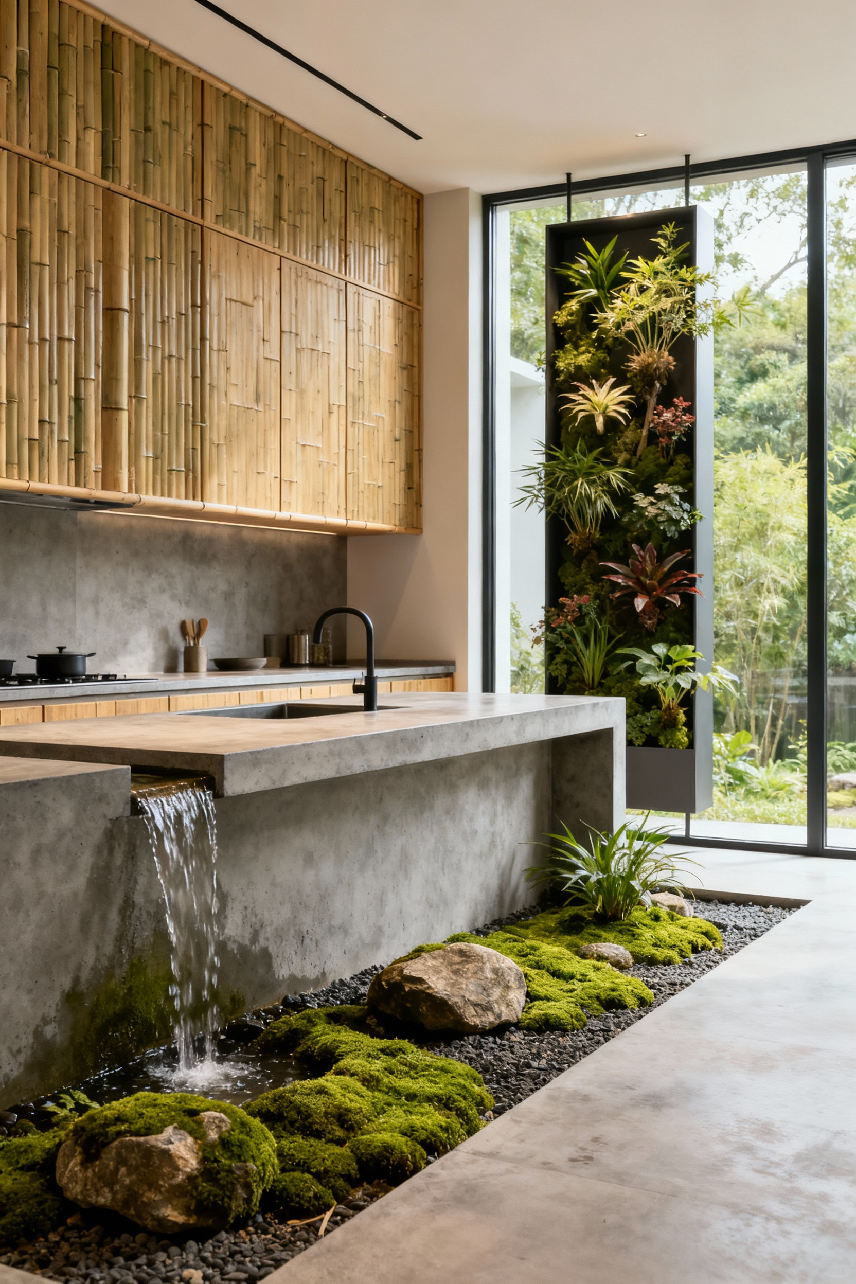 Modern kitchen with biophilic design elements including bamboo cabinetry, concrete countertops, a water feature, rock garden, and vertical plants, bathed in natural light.