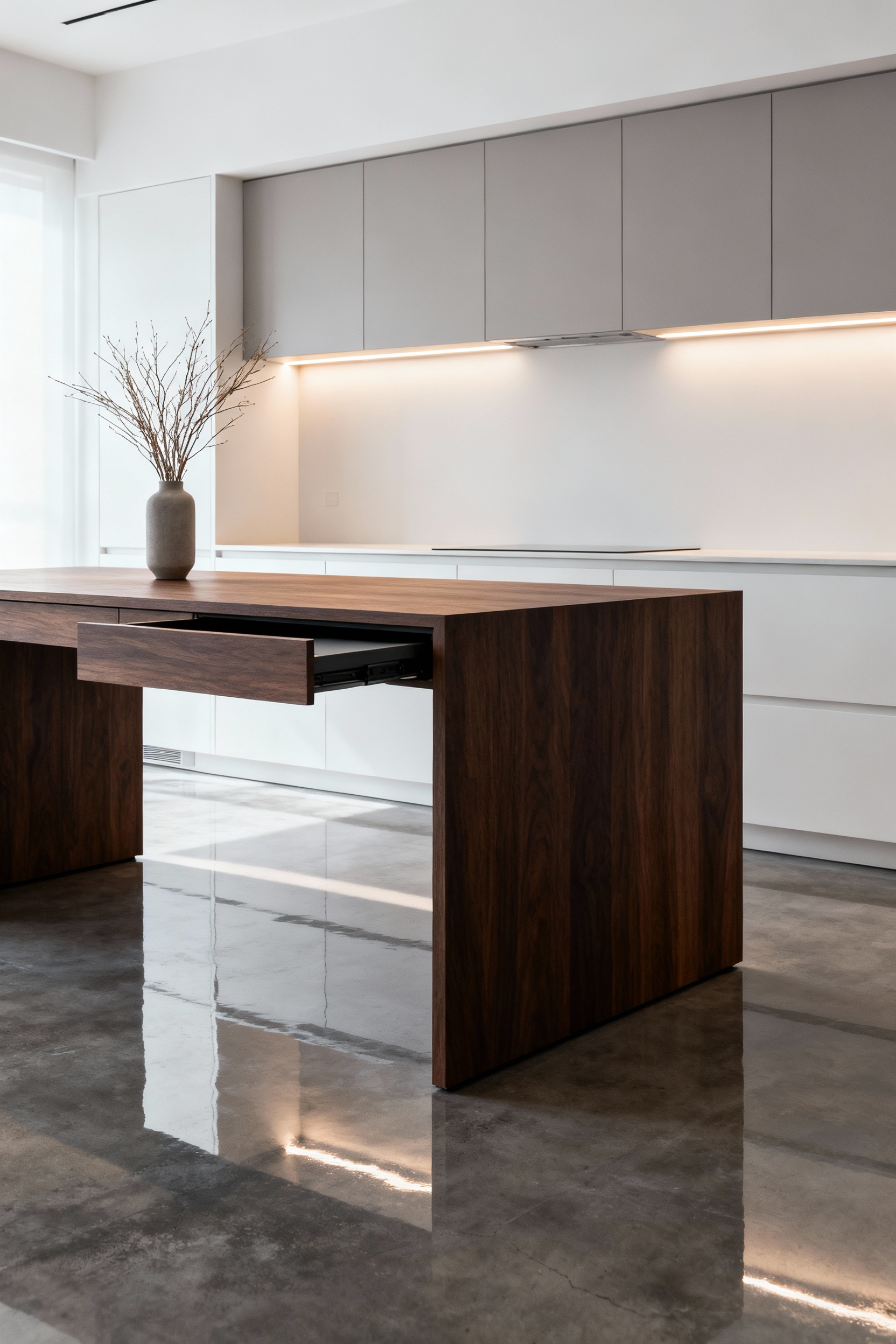 Portrait image of a modern kitchen island with a hidden, pull-out workstation, showcasing sleek multifunctional design in a contemporary interior.