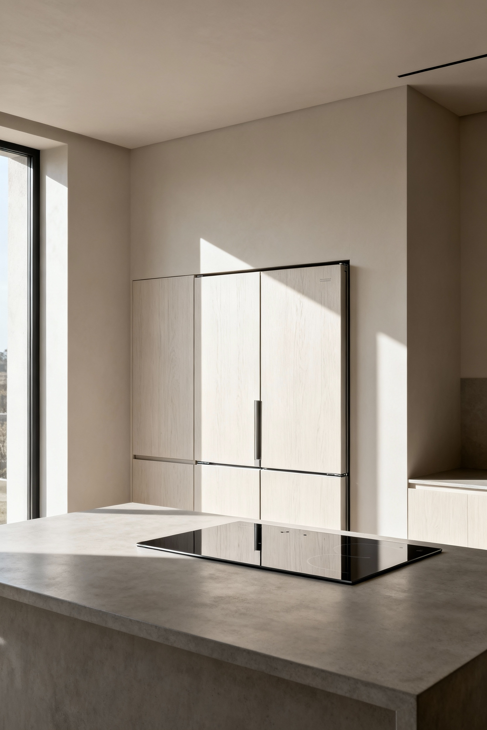 Modern kitchen with seamless white oak cabinetry concealing a refrigerator, flush induction cooktop on a polished concrete island, embodying invisible appliance integration and minimalist design.