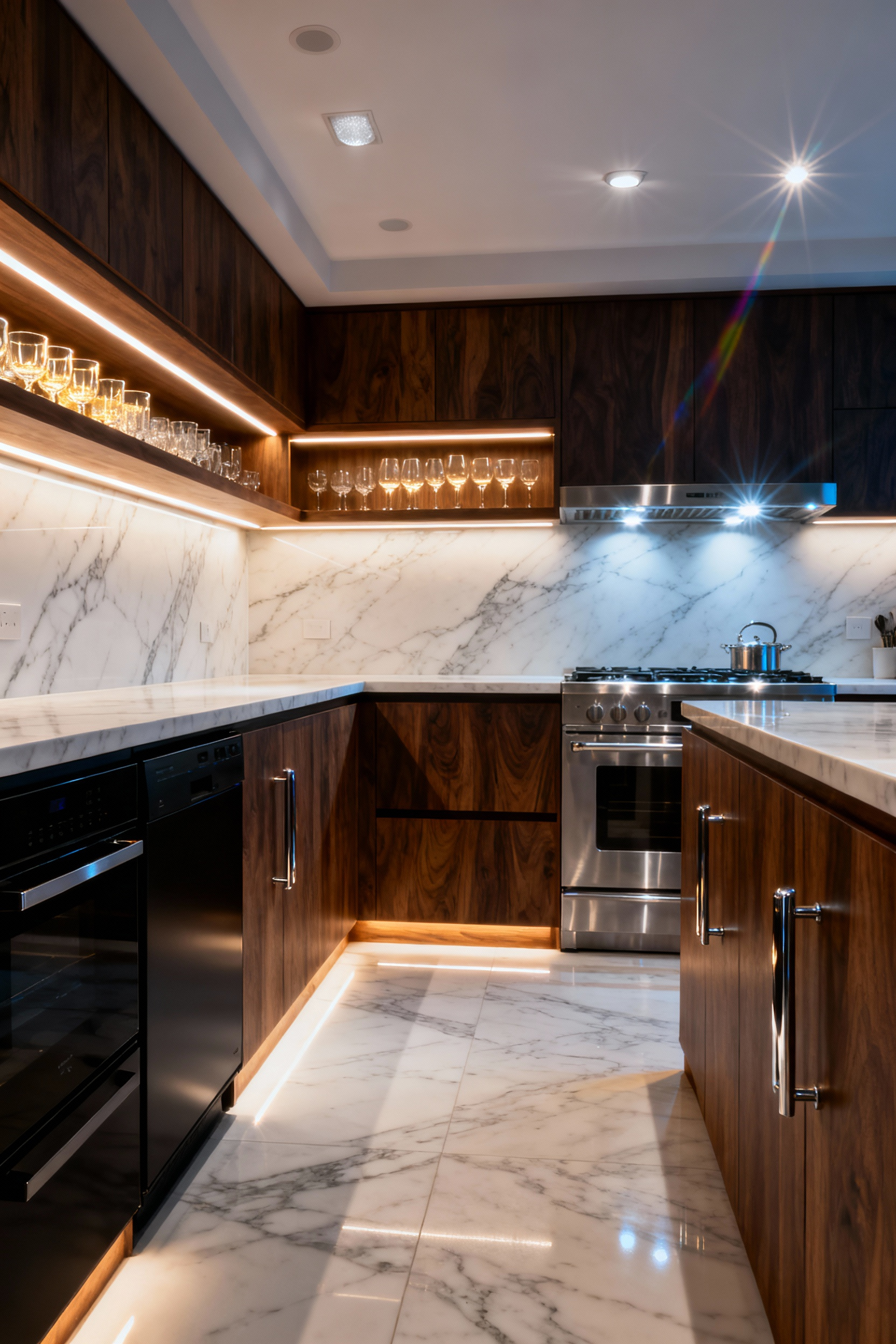 A modern kitchen showcasing dynamic lighting architecture with warm under-cabinet lights, neutral recessed ambient lighting, and focused task lighting over a range, emphasizing both mood and functionality.