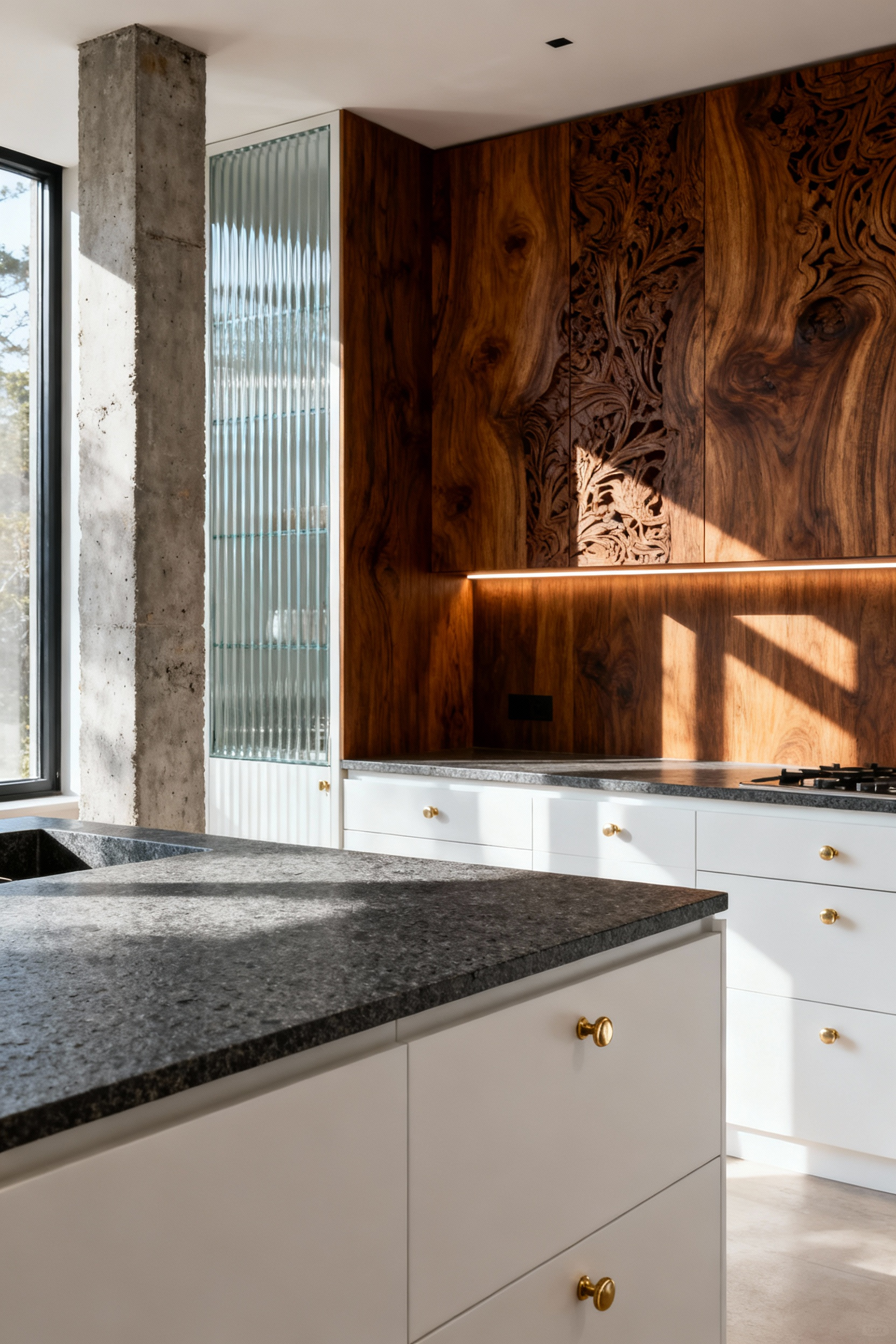 Modern kitchen with varied materials like honed basalt, white lacquer, hand-carved teak, fluted glass, polished brass, and raw concrete, demonstrating tactile layering.