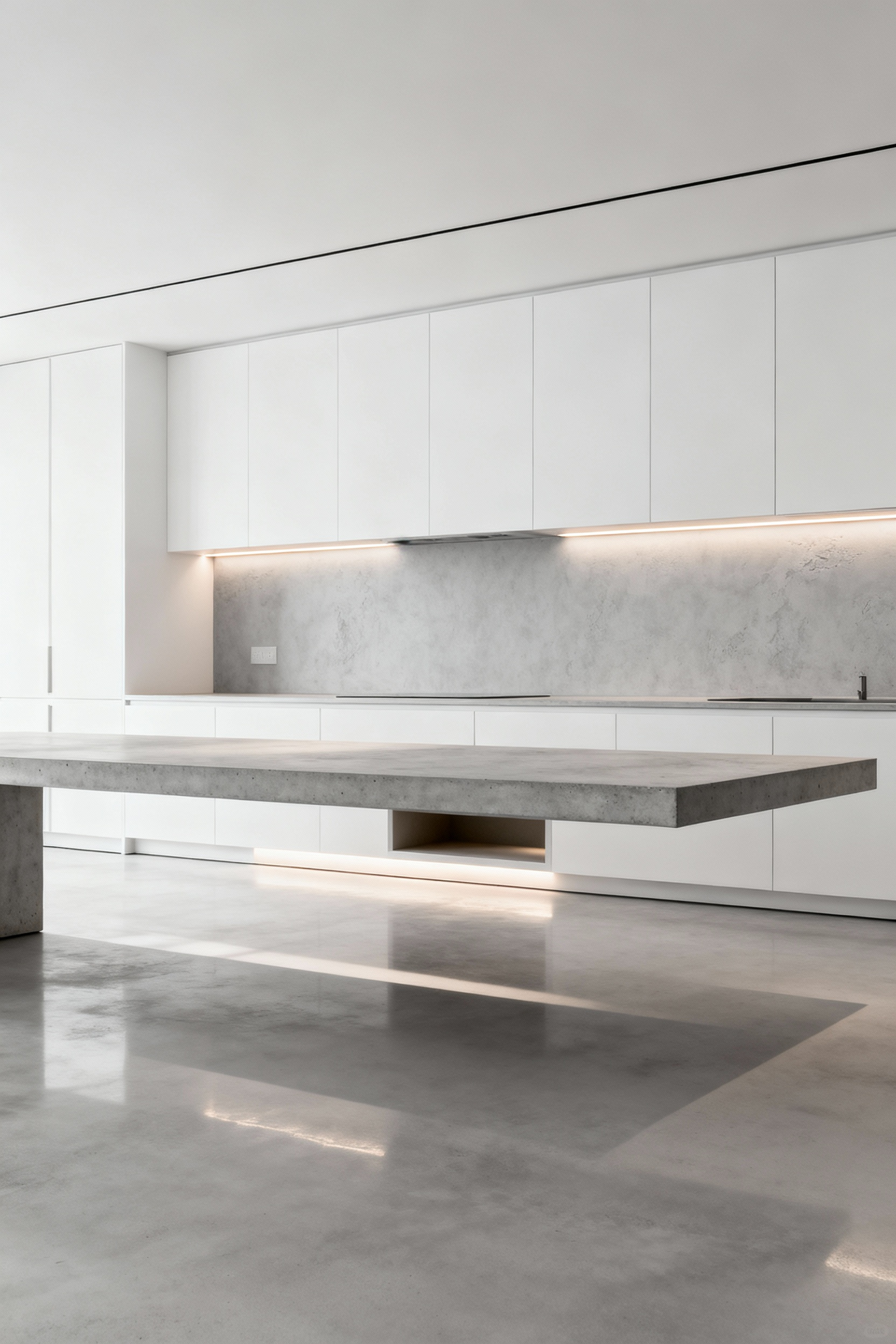 A minimalist modern kitchen showcasing expert negative space design, with flush, handle-less cabinets, a floating island, and concealed LED lighting illuminating vast, uncluttered surfaces in a monochromatic palette.