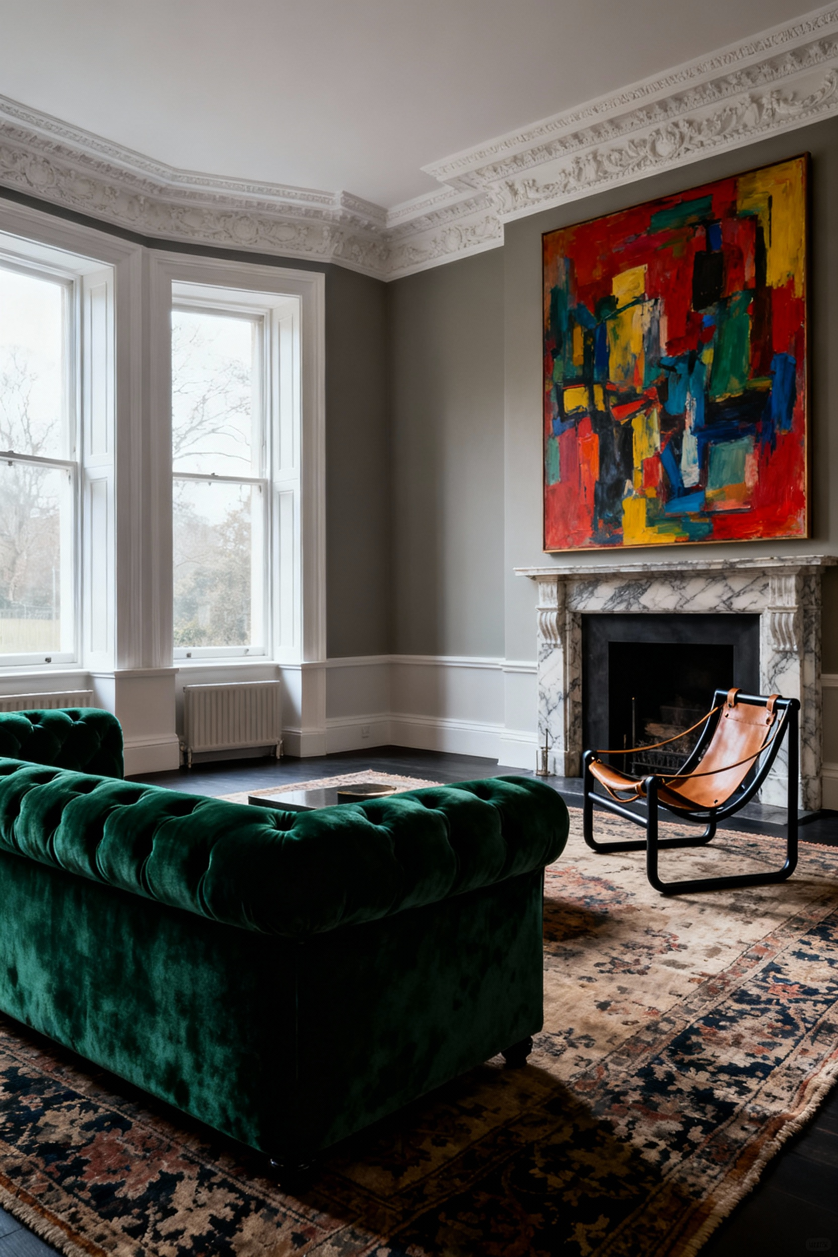 High-contrast British living room decor featuring an emerald green velvet Chesterfield sofa paired deliberately with a sleek, non-matching sculptural tan leather and steel accent chair.