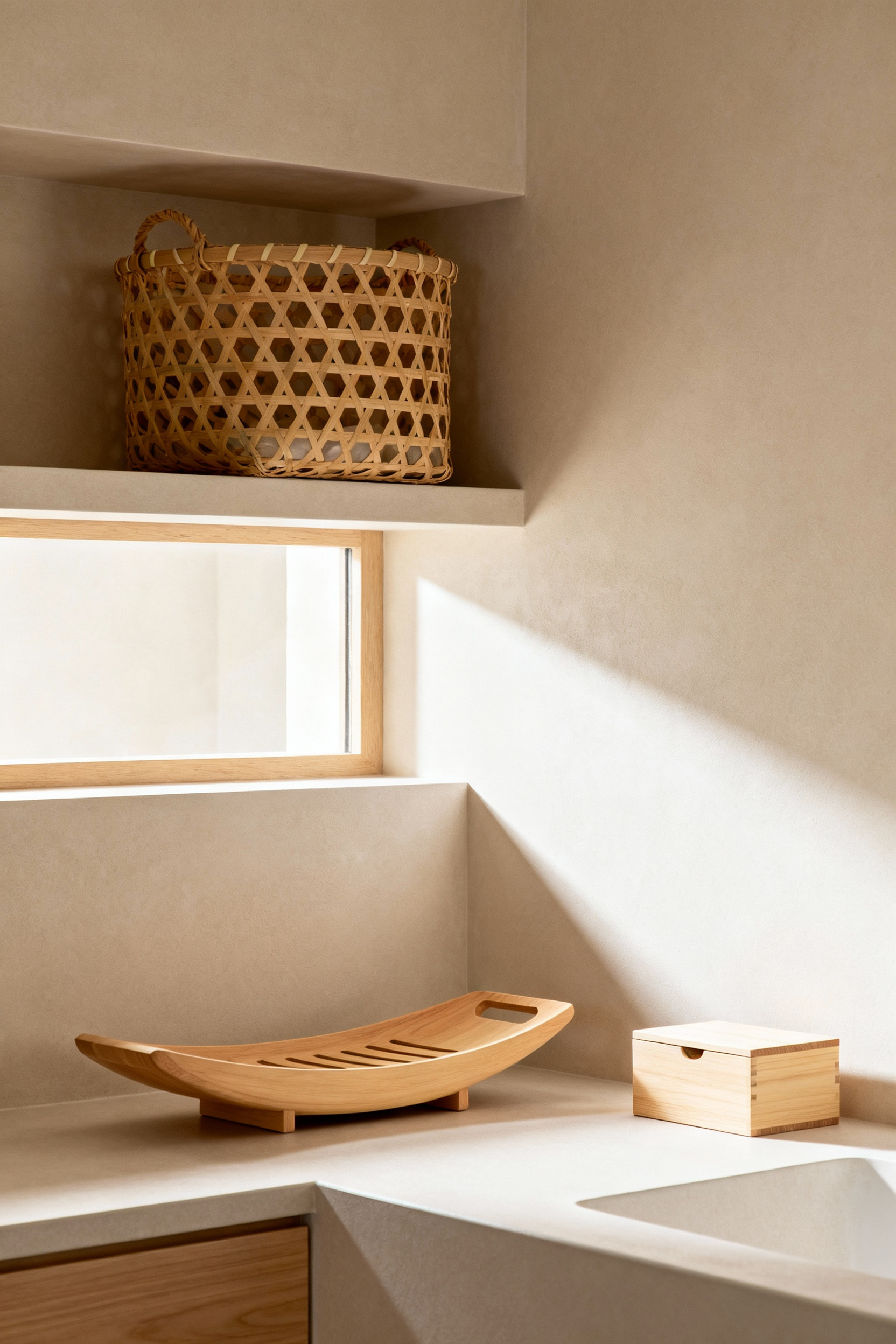 A minimalist bathroom featuring natural bamboo storage baskets and light Hinoki wood containers, enhancing organic warmth and cleanliness in a serene, Zen-inspired setting.