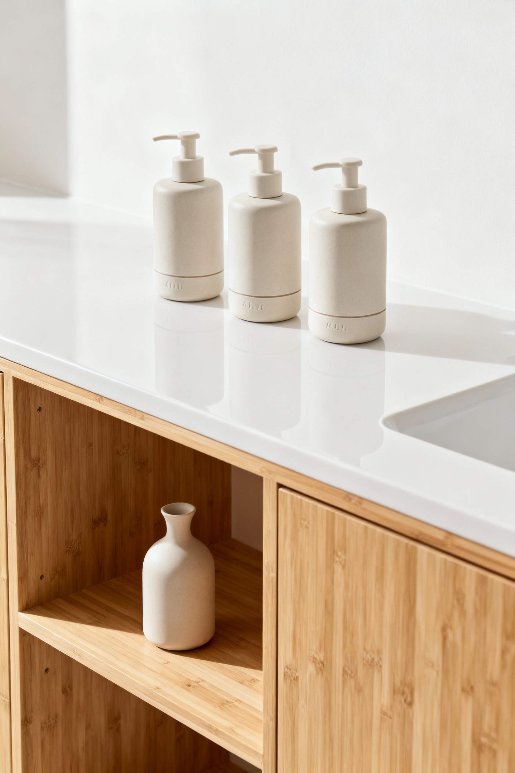 Minimalist bathroom with three aligned ceramic dispensers, a single elegant spare refill bottle on a bamboo shelf, showcasing organized inventory and serene, clutter-free space with natural light.