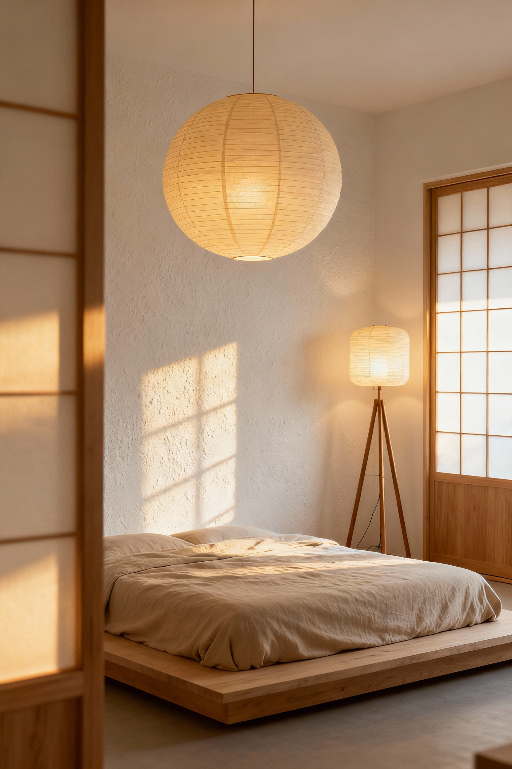 A serene Japandi-style bedroom interior featuring a low platform bed and multiple Noguchi-style paper light sculptures providing soft, diffused, atmospheric lighting.