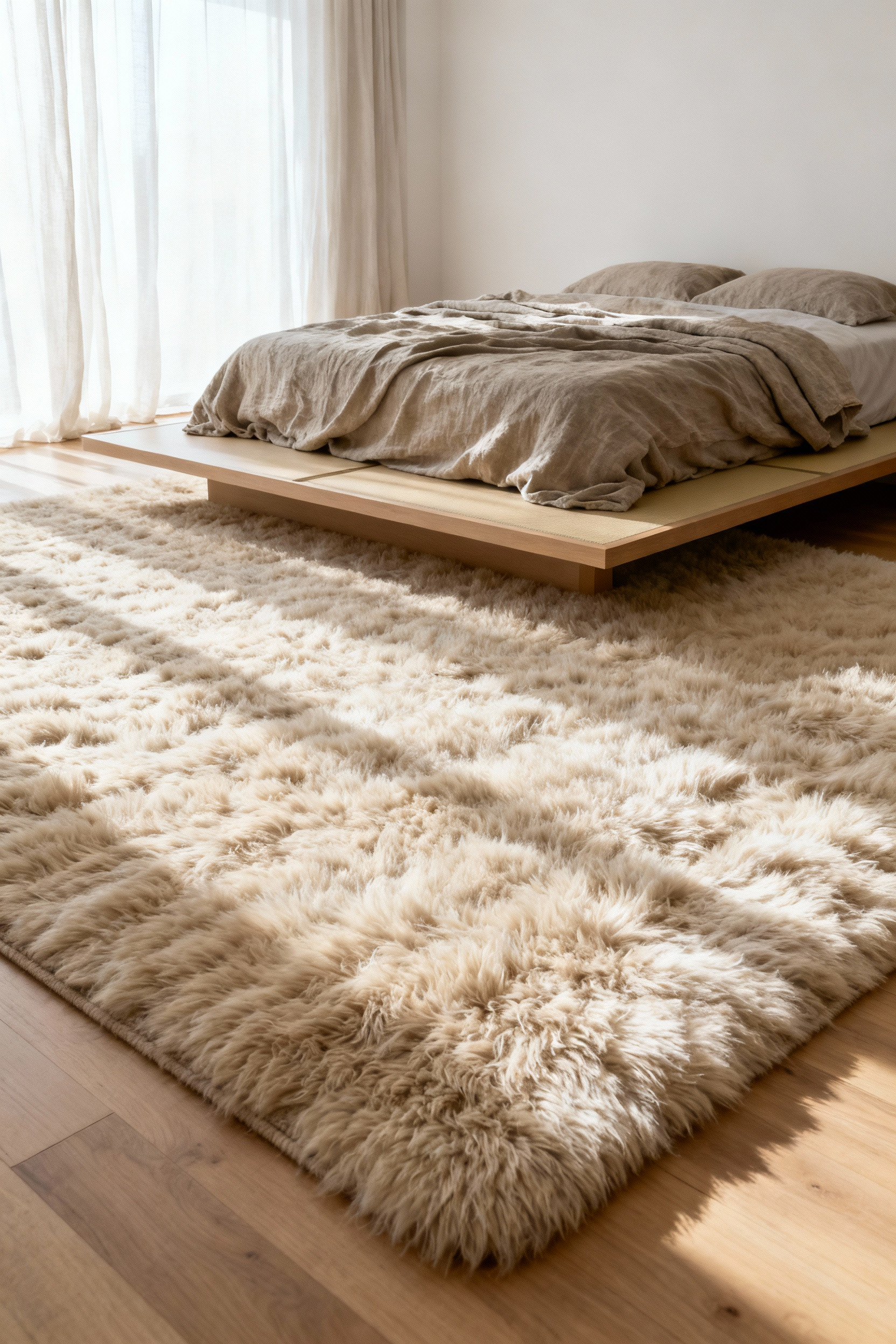 A modern, minimalist bedroom featuring a large, thick cream wool rug designed for optimal acoustic dampening and quiet, restful decor.