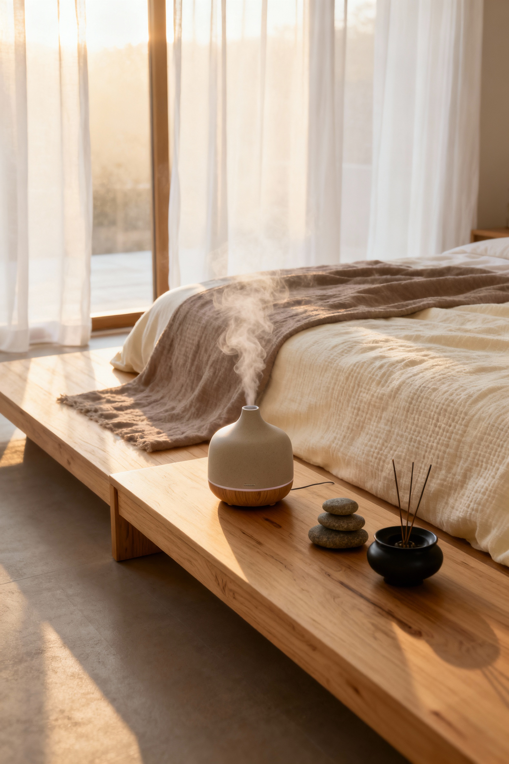 A minimalist bedroom sanctuary designed with scent architecture, featuring light natural wood furniture, textured linen bedding, and a sleek ceramic diffuser on a nightstand symbolizing grounding Hinoki cypress and sandalwood decor.
