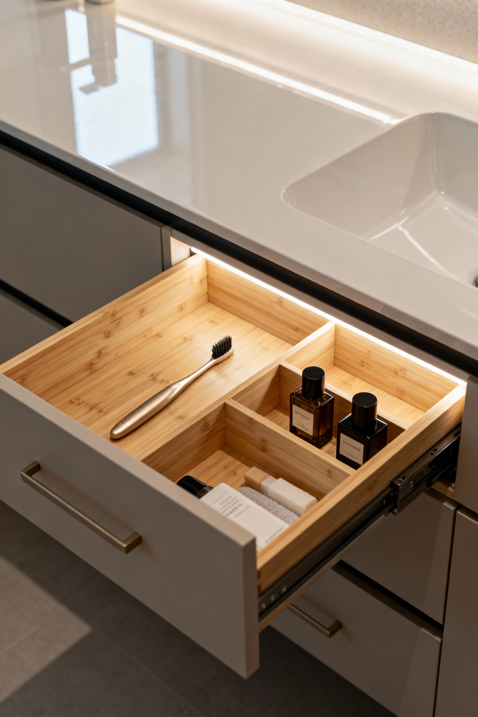 Elegant, custom-built wooden under-counter drawers in a minimalist bathroom vanity, showcasing precise organization of toiletries within neatly segmented compartments with subtle internal lighting, creating a clutter-free and serene surface.