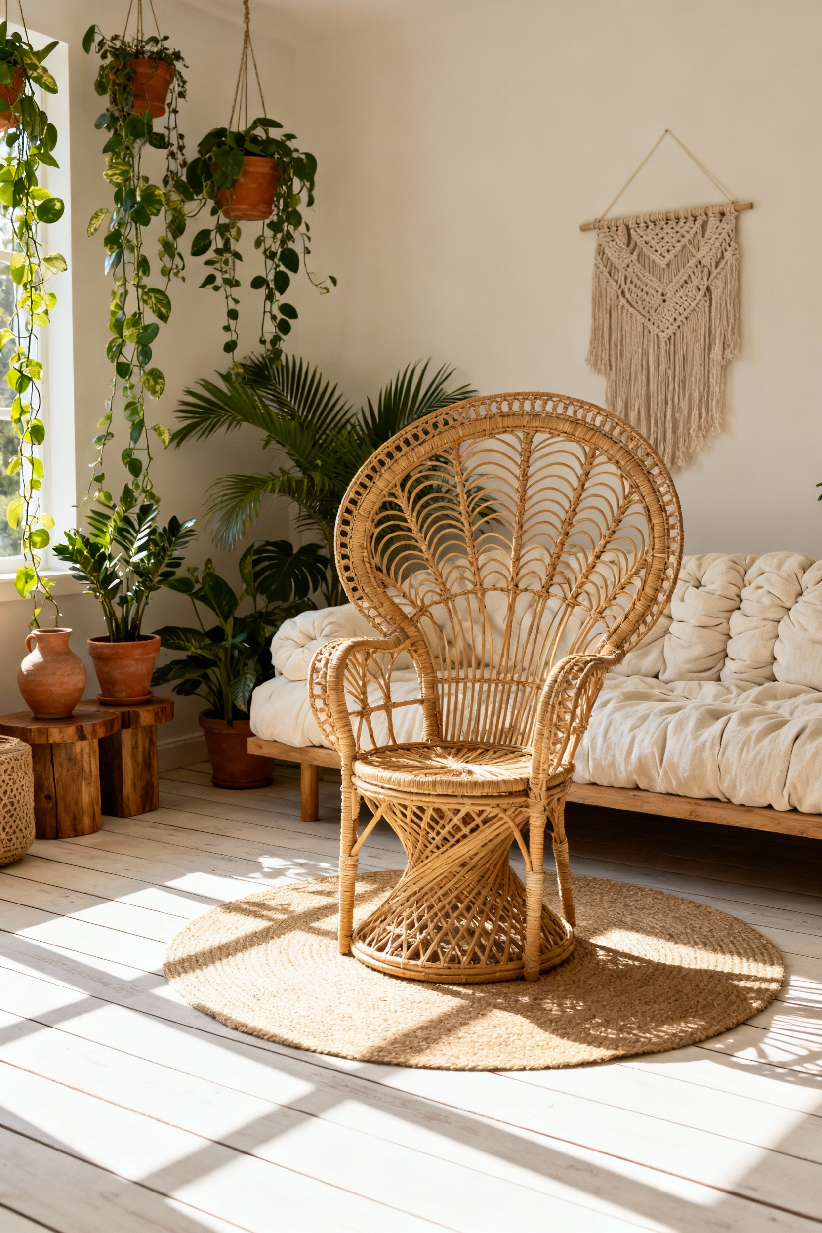 A bright bohemian living room featuring a tall, woven rattan Peacock Chair casting airy shadows, demonstrating how rattan reduces visual density against a heavy, cream-colored sofa and jute rug.