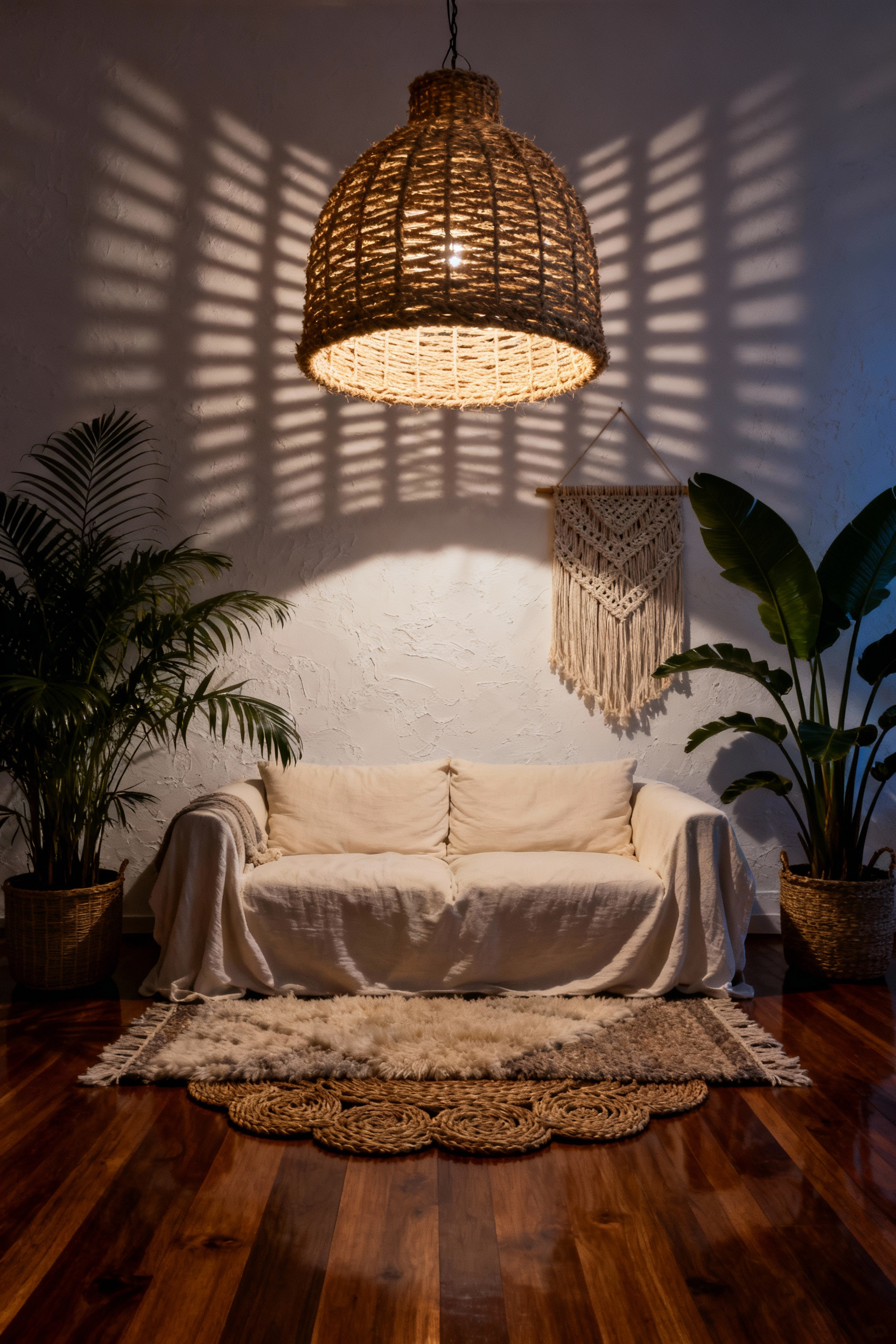A bohemian-style living room showcasing a large, open-weave jute basket pendant light that casts warm, detailed geometric shadow patterns across the interior walls.