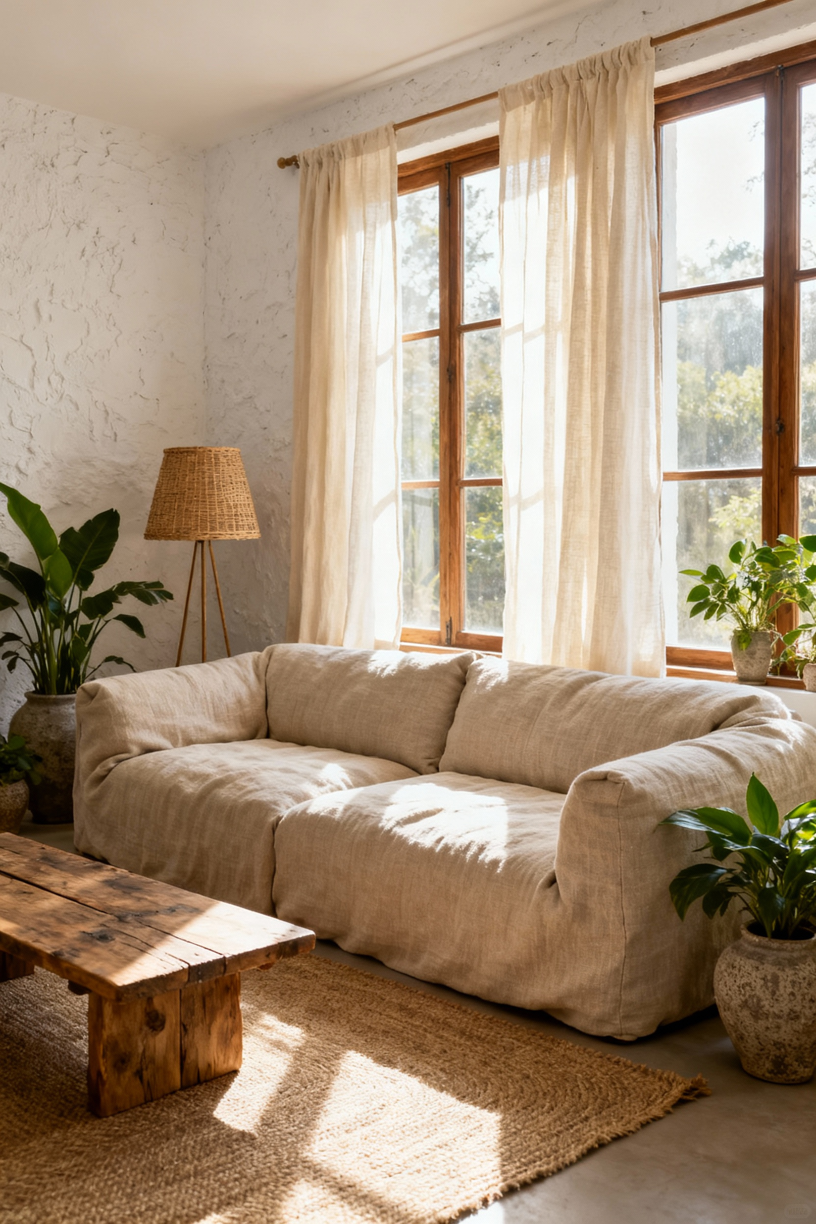 A serene bohemian living room dominated by a large sectional sofa covered in matte oatmeal linen, illustrating the use of linen as a stable textural foundation.