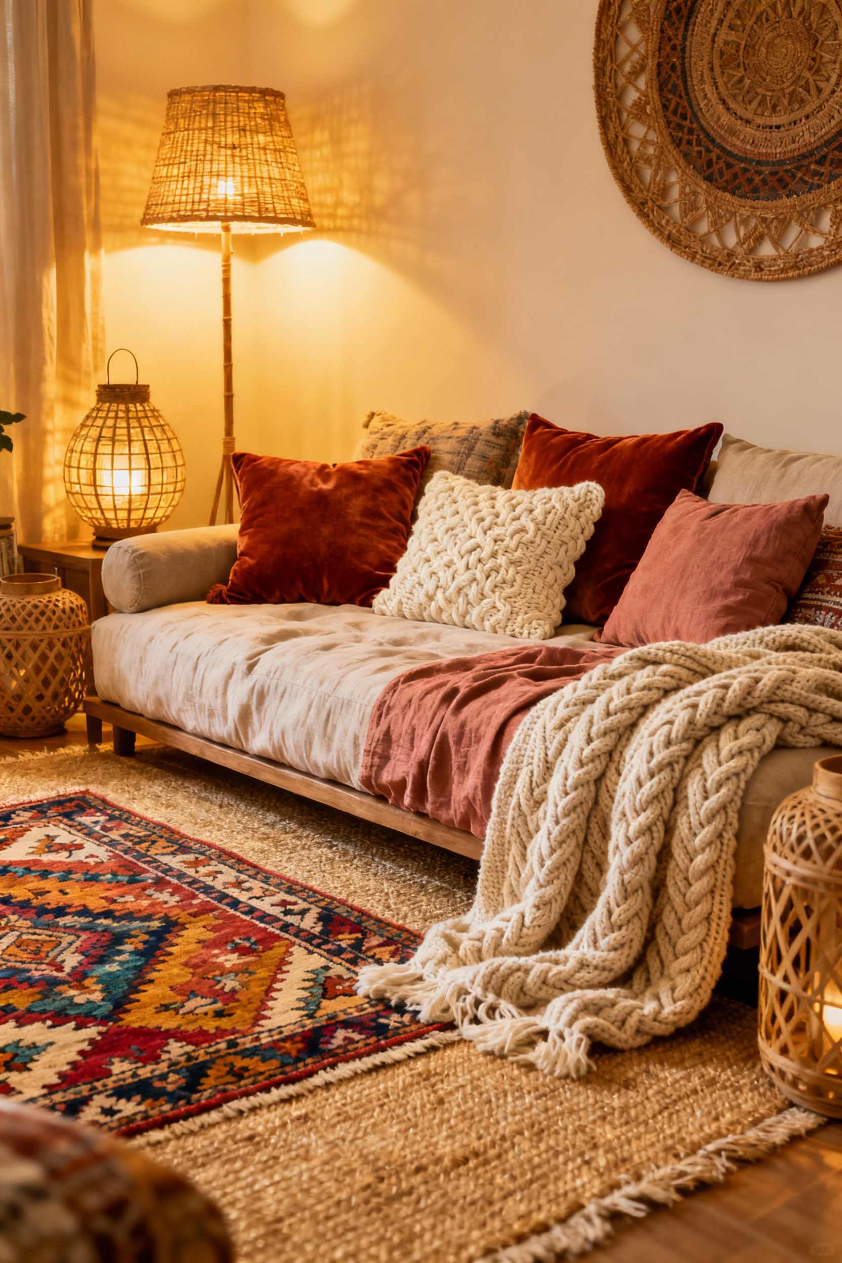 A highly comfortable bohemian living room featuring layered textiles, including a jute rug, patterned rugs, velvet pillows, and chunky knit blankets, illuminated by warm ambient lighting.