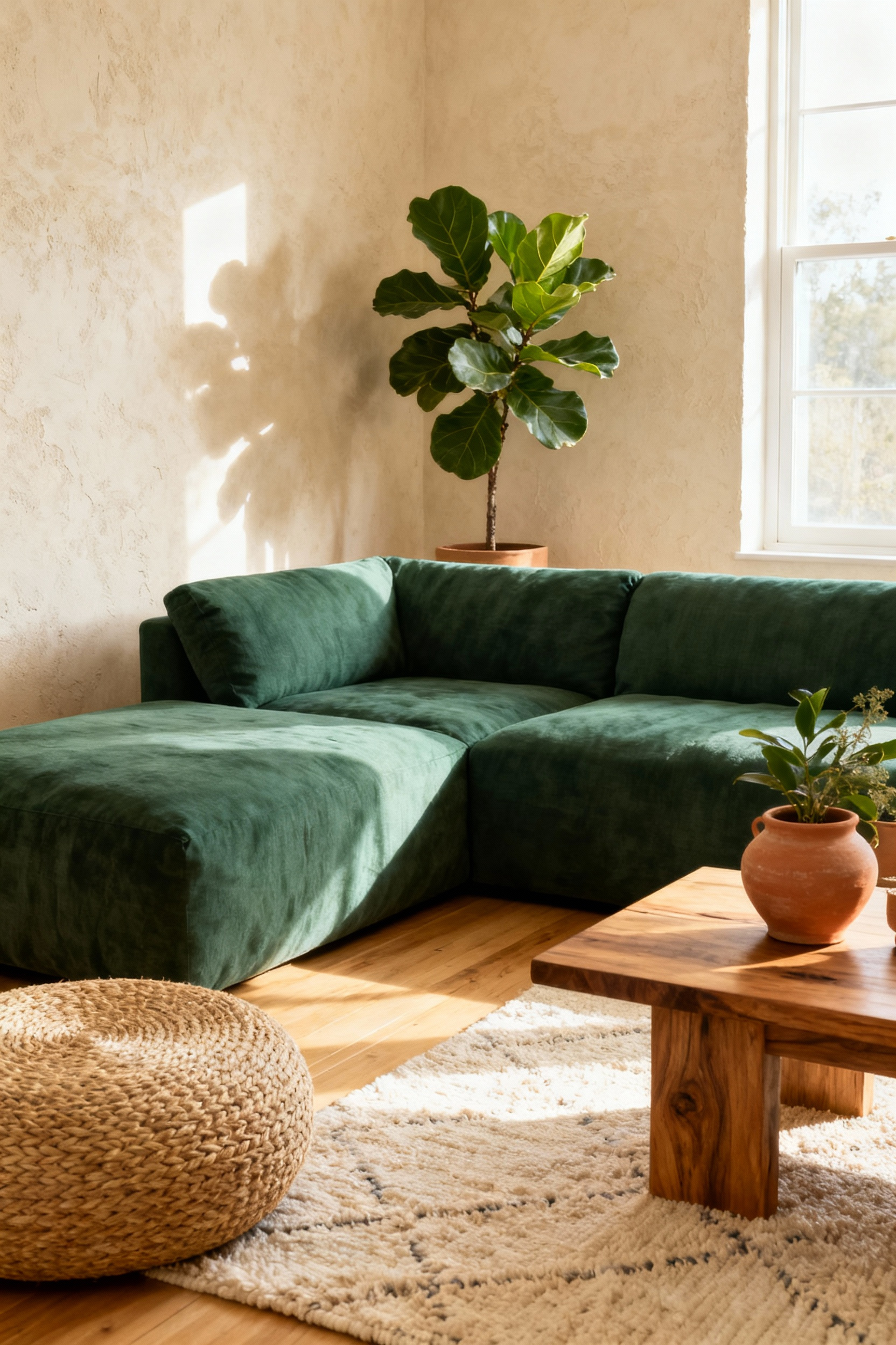 A sophisticated bohemian living room featuring a dominant sage green sofa contrasted with terracotta accent pieces and natural wood textures against cream walls, grounded by an earth palette.