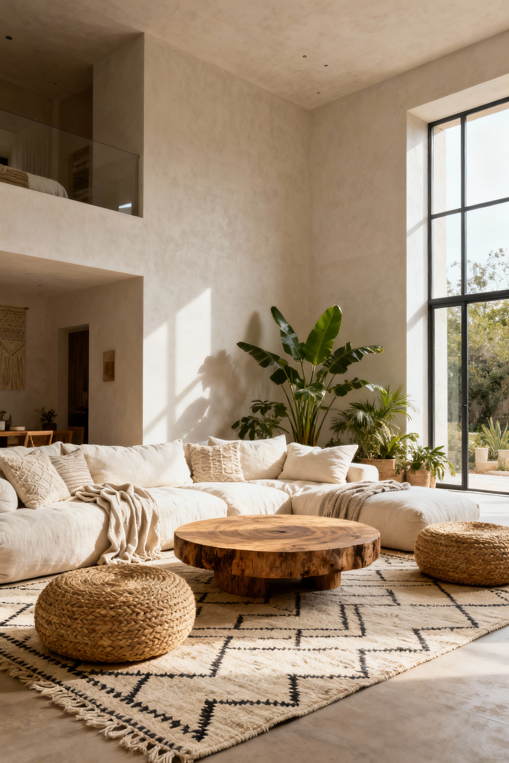 A wide-angle view of a boho living room featuring low-slung furniture including layered floor cushions and jute poufs, illustrating how low seating makes the standard height room appear taller and more spacious.