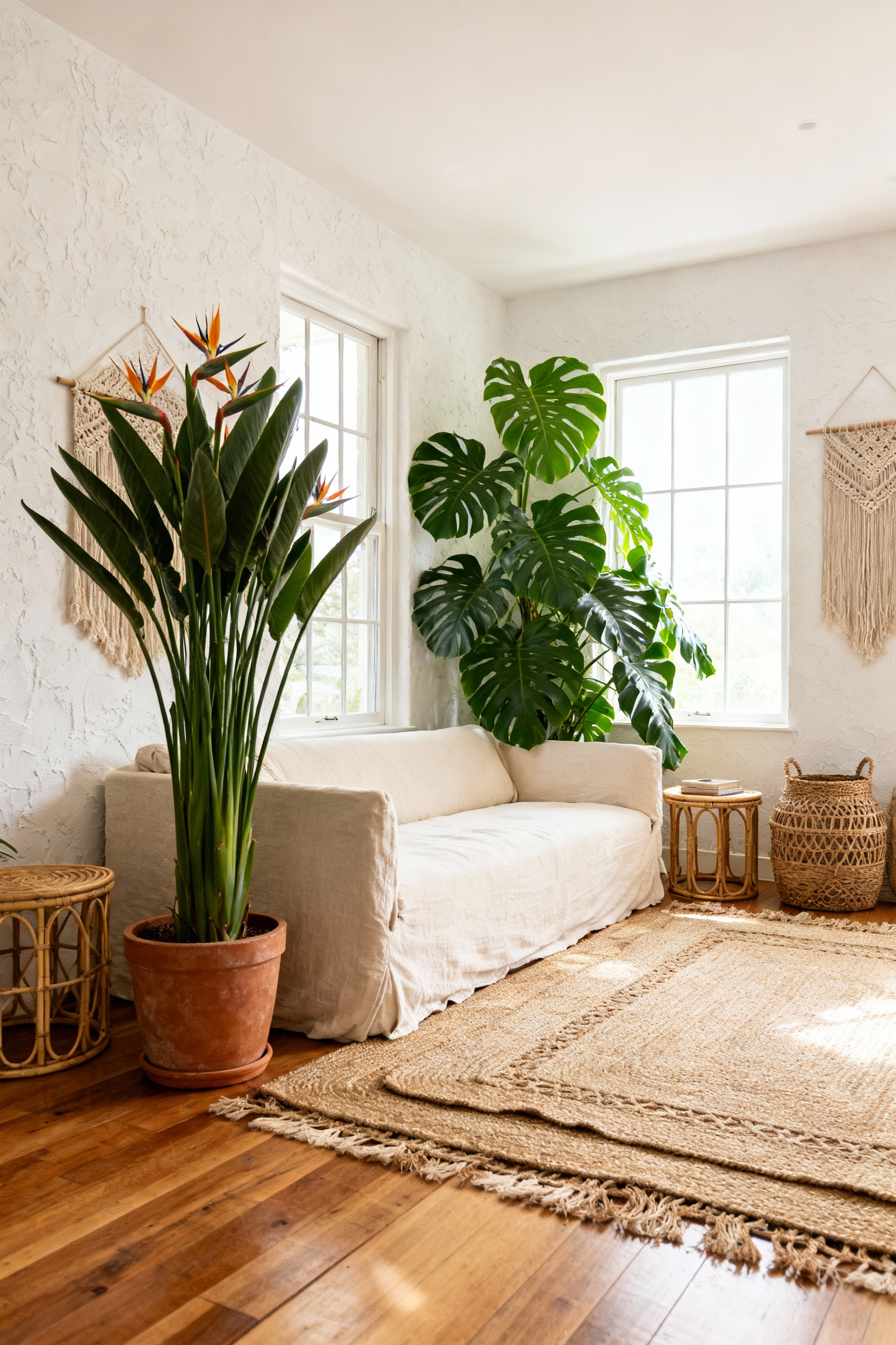 A bright boho living room with large Bird of Paradise and Monstera plants used as structural green columns flanking a cream linen sofa and defining the room's verticality.