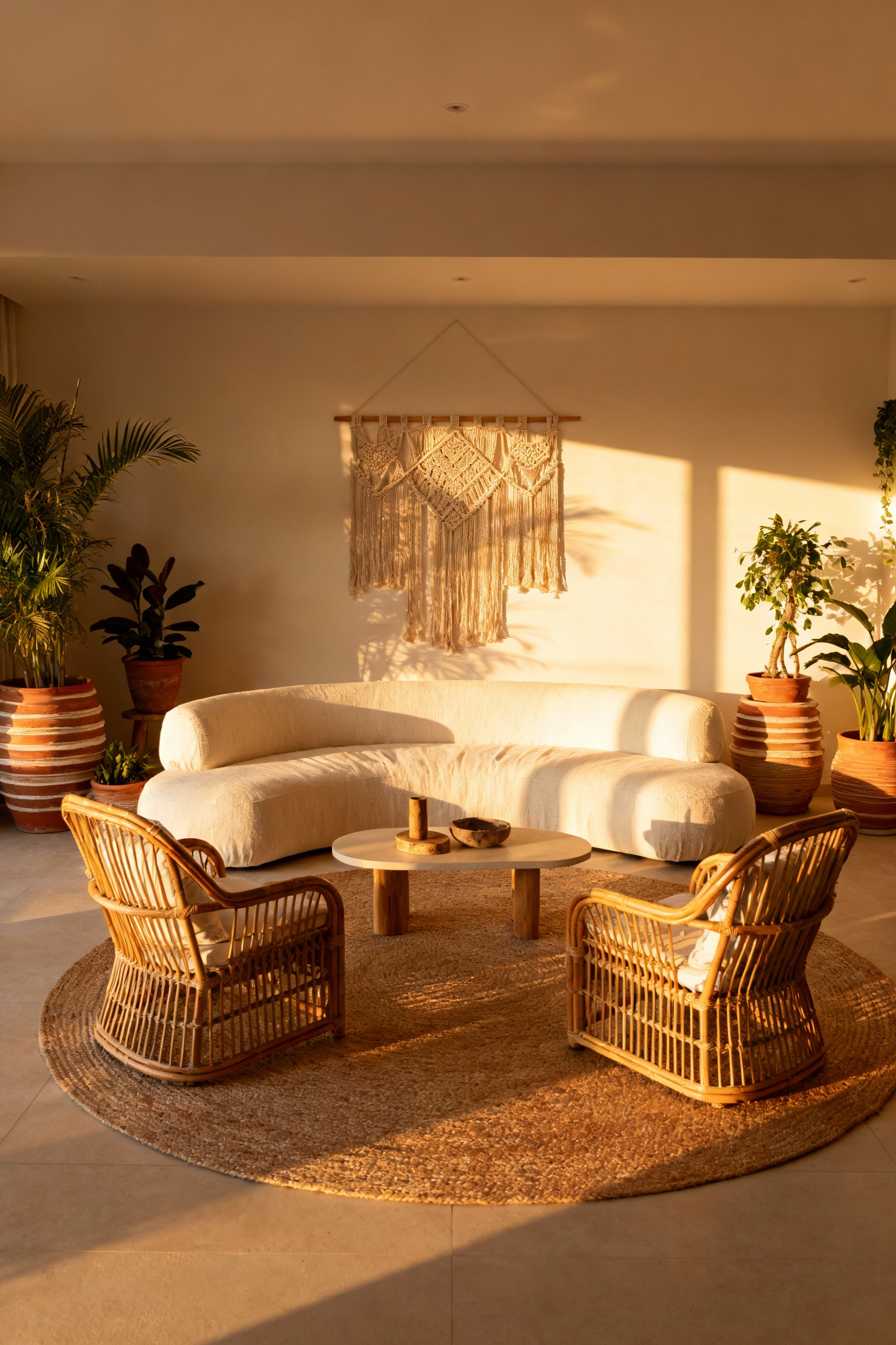A floating boho living room arrangement featuring a low-profile cream sofa and rattan chairs centered on a jute rug, designed to foster intimate conversation away from the walls, bathed in natural light.