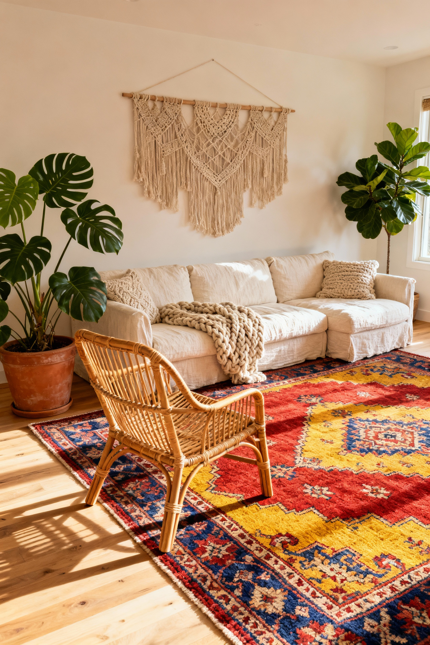 A vibrant open-plan boho living room where a large vintage Persian rug zones the space, grounding a cream sectional sofa and rattan armchair to define the main functional area.