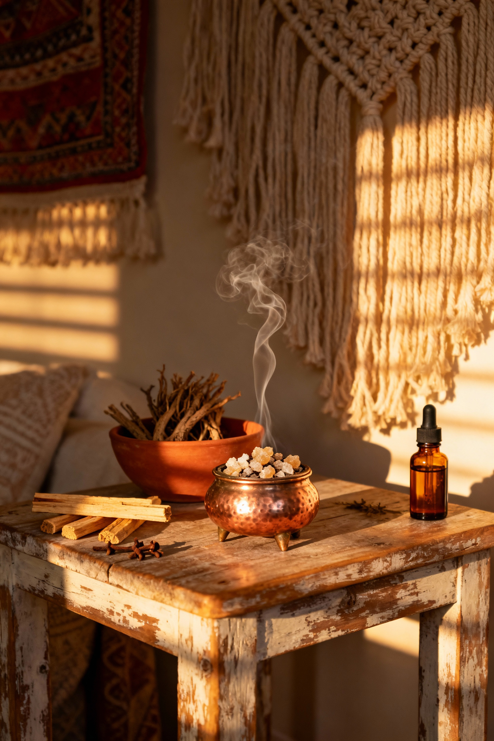 A bohemian living room vignette featuring a smoking copper censer burning natural Frankincense resin, alongside Palo Santo and earthy essential oils, creating a scented atmosphere.