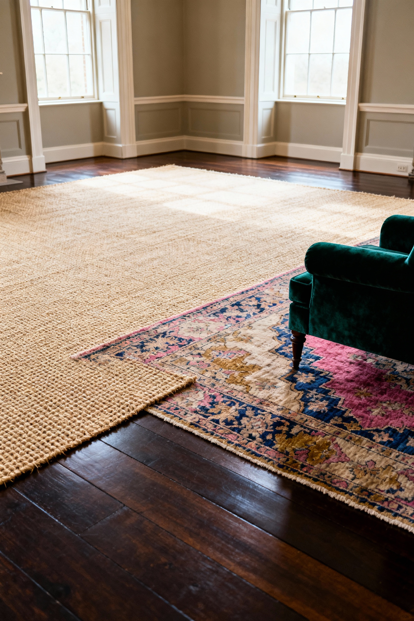 A photographic image of a sophisticated British drawing room demonstrating the rug layering technique: a large natural sisal rug used as a neutral foundation layer topped with a smaller, richly patterned vintage Oriental rug, anchoring a velvet armchair.