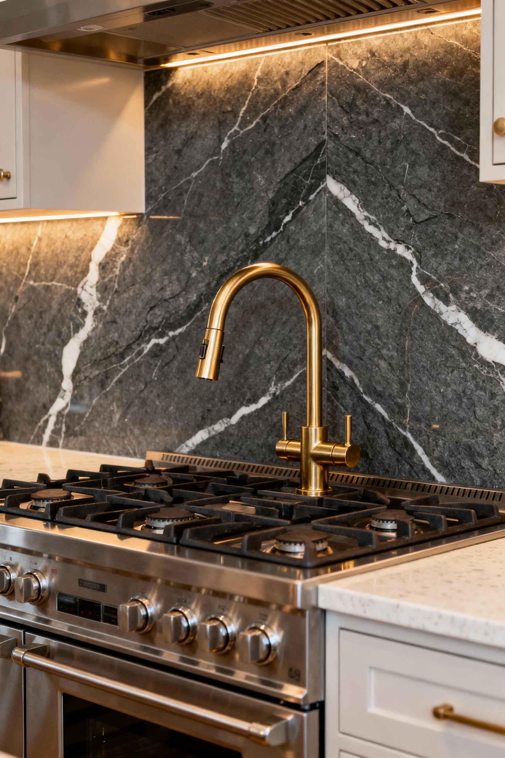 Brushed gold articulated pot filler faucet extended over a stainless steel professional range against a dramatic dark gray veined marble kitchen backsplash.