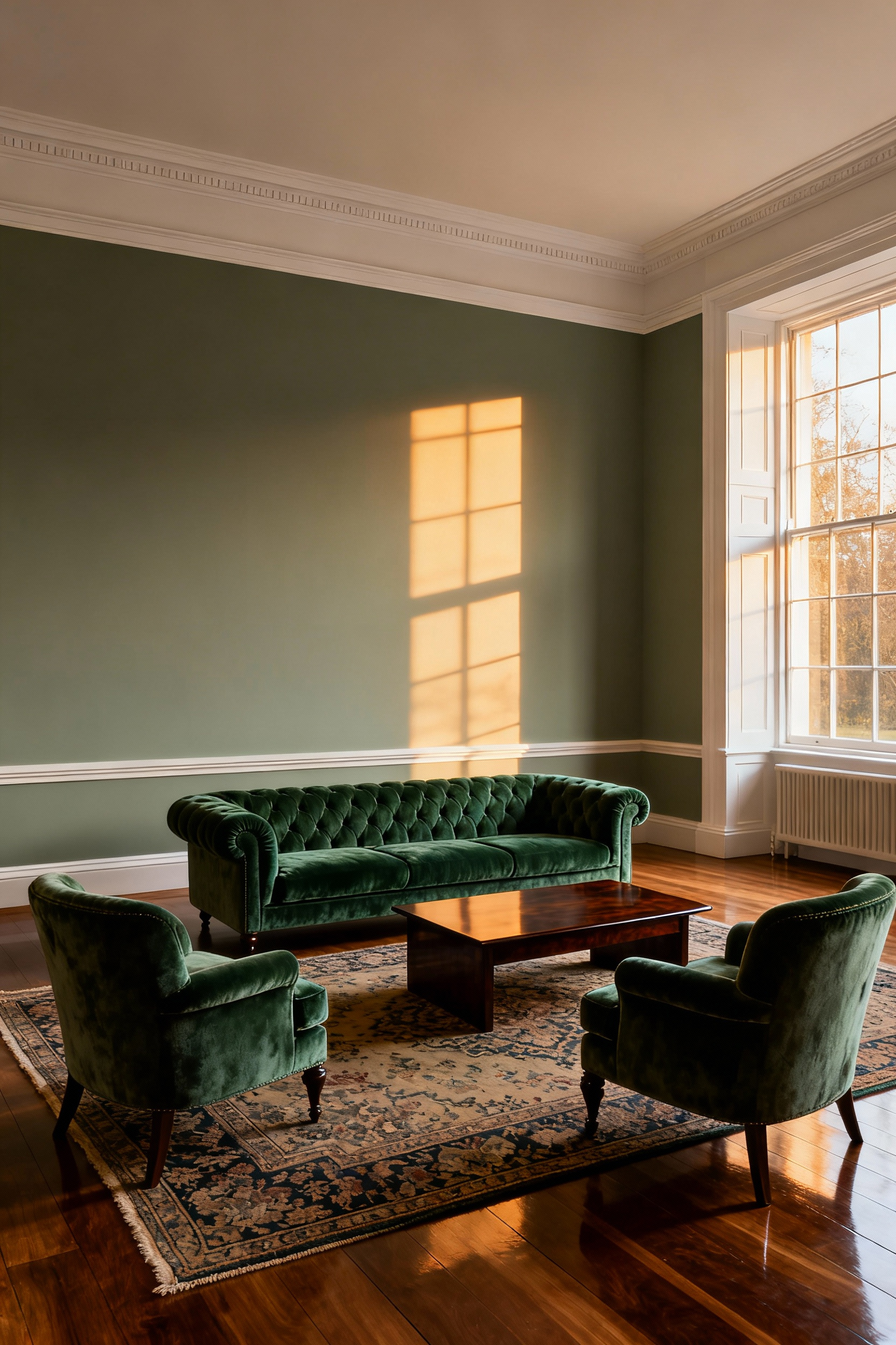 A wide architectural photograph of a grand, classic Georgian drawing room. A forest green velvet Chesterfield sofa and two matching armchairs are pulled away from the dusty sage walls, centered on a large Persian rug to form an intimate conversational grouping around a mahogany coffee table.
