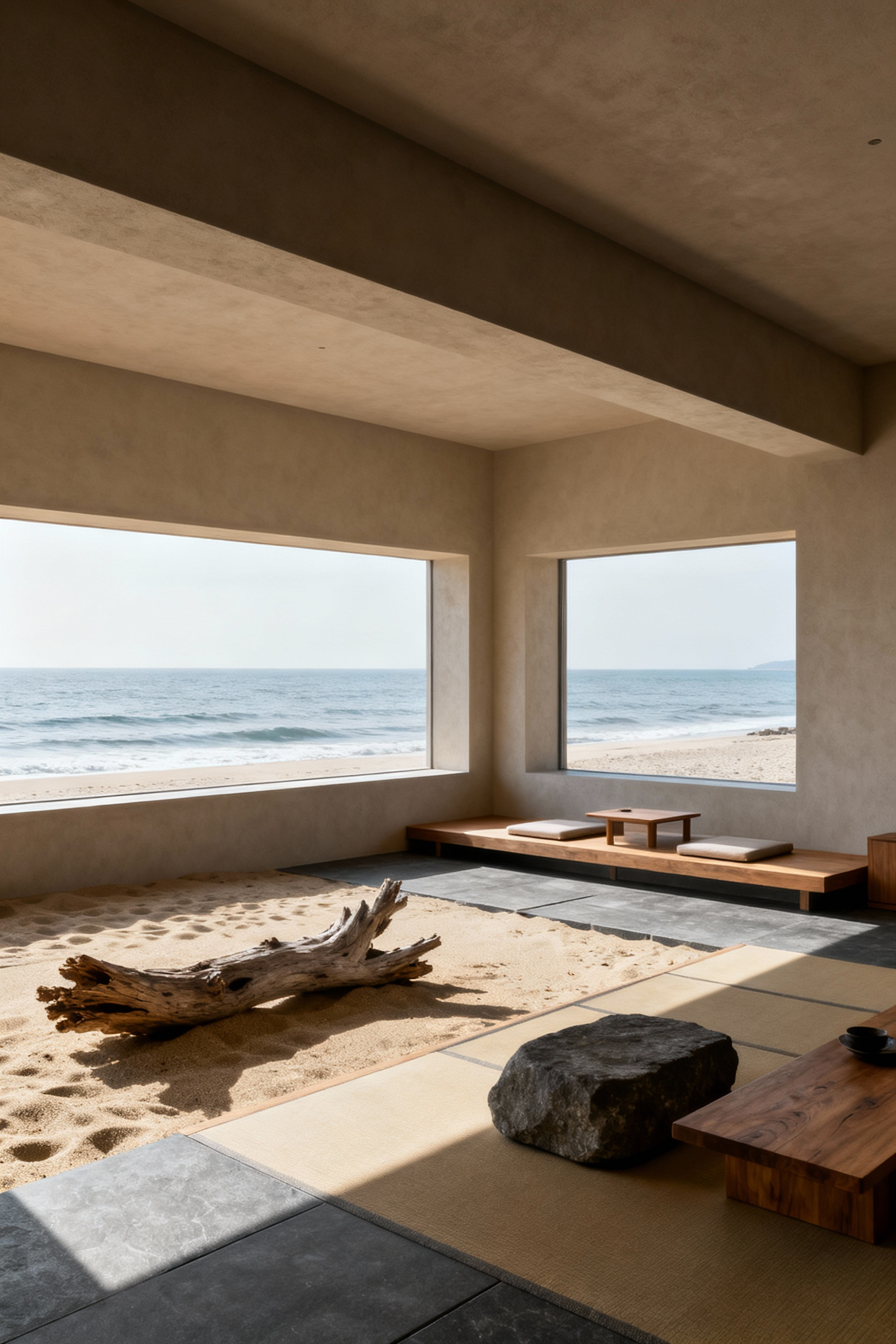 A minimalist coastal living room designed with Japanese aesthetics, featuring large, recessed windows that frame expansive ocean views while creating intimate visual recesses. The scene emphasizes 'Ma' (negative space) and natural light, devoid of people, promoting tranquility.