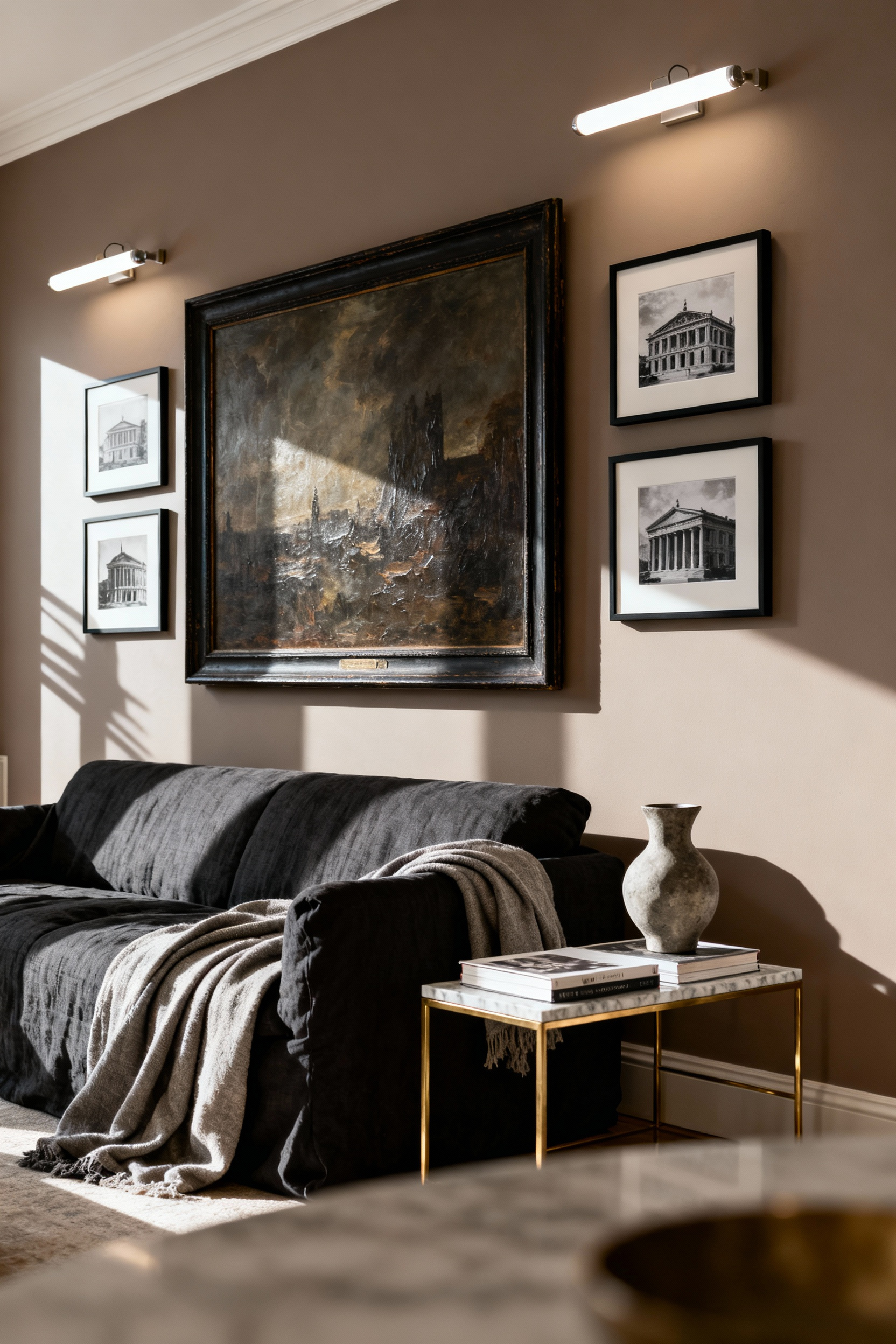 A professionally curated gallery wall in a modern living room, mixing a large, dark 19th-century oil landscape painting with stark, crisp black-and-white architectural photographs over a charcoal linen sofa.