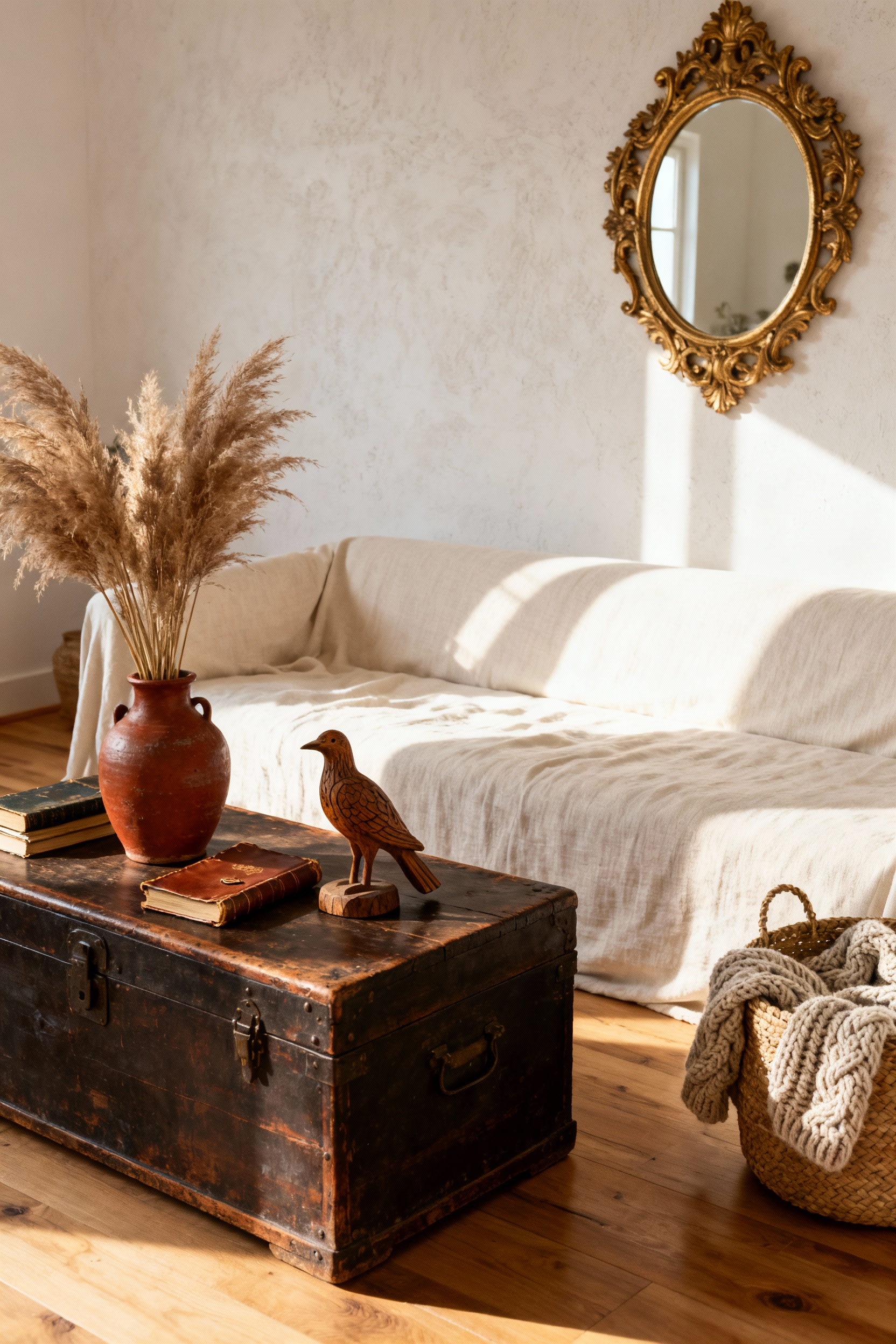 Sunlit bohemian living room featuring a carefully curated selection of vintage and artisanal decor against a neutral cream and white backdrop.