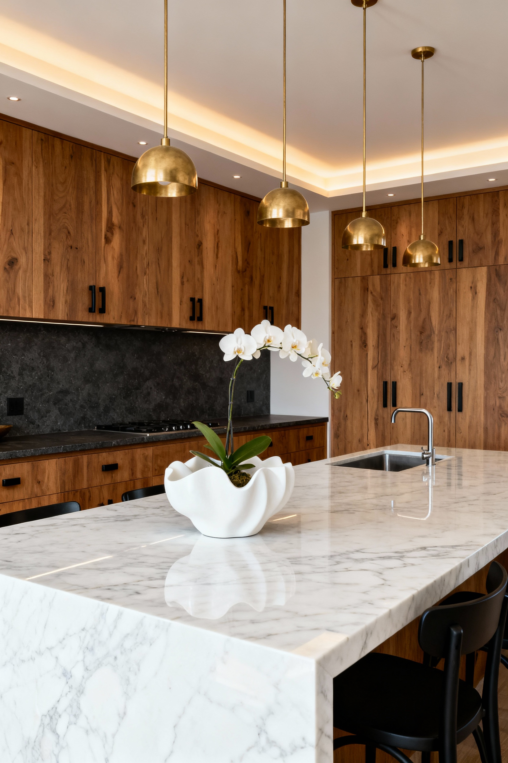 Double island luxury kitchen design featuring a dark functional soapstone working island and a bright pristine marble social hosting island in a walnut open-concept space.