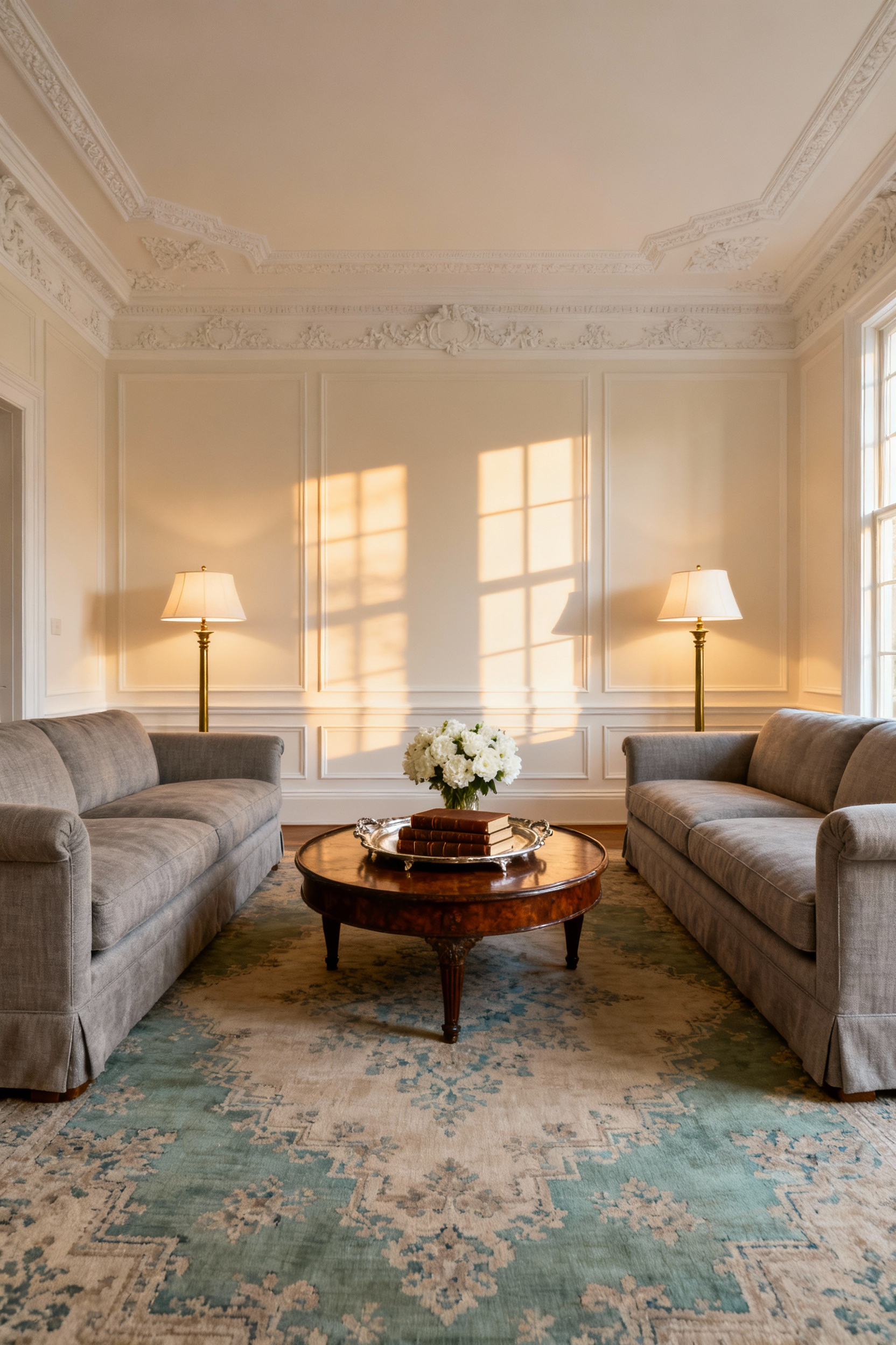 Detailed image of a sophisticated Georgian drawing room featuring two velvet sofas facing each other, forming a conversation circle around a round coffee table, prioritizing social interaction.