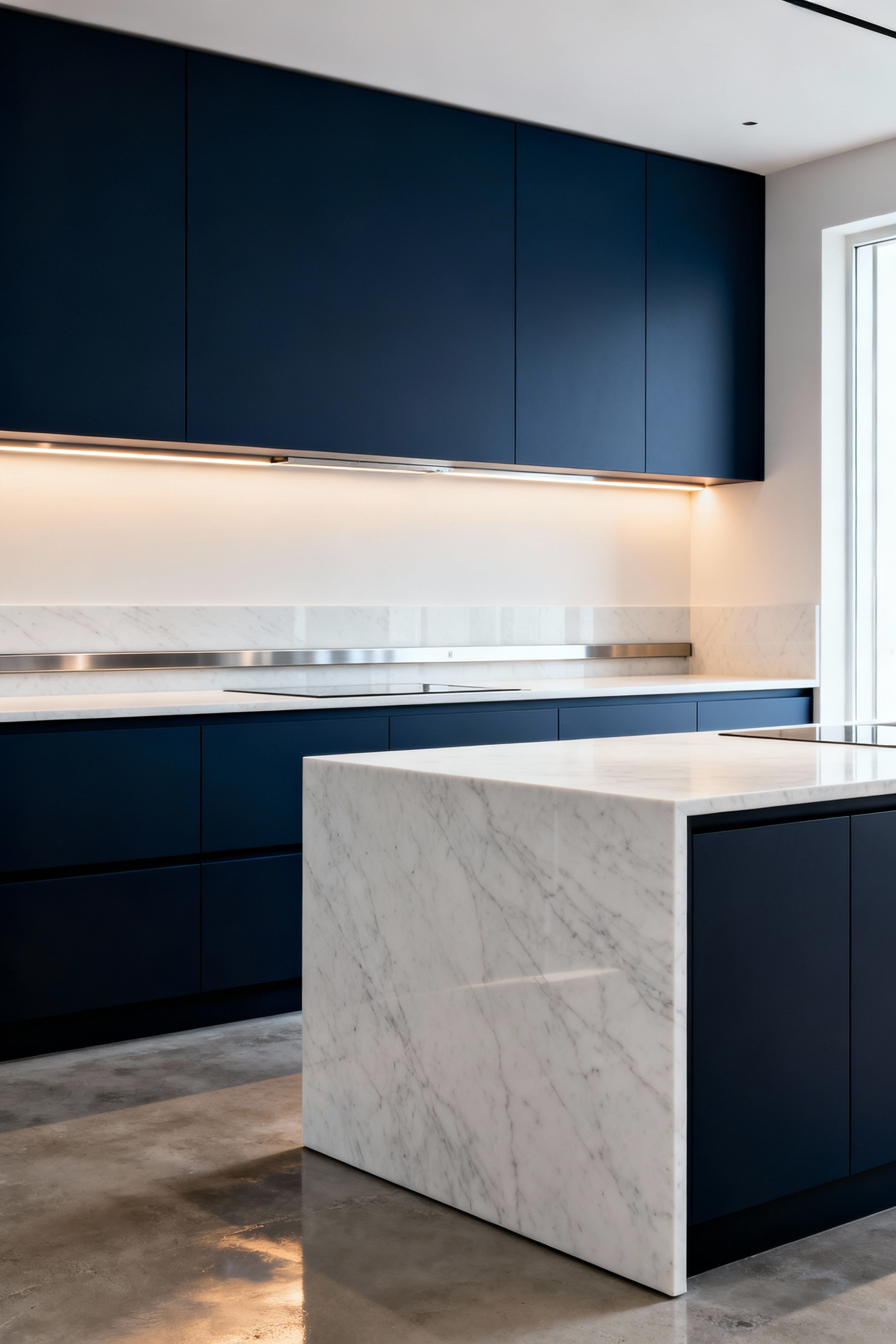 A full scene photograph of a sophisticated modern kitchen featuring European slab cabinetry in matte navy blue. The minimalist, handleless design is achieved using a recessed Gola rail system visible below the seamless white marble countertop.