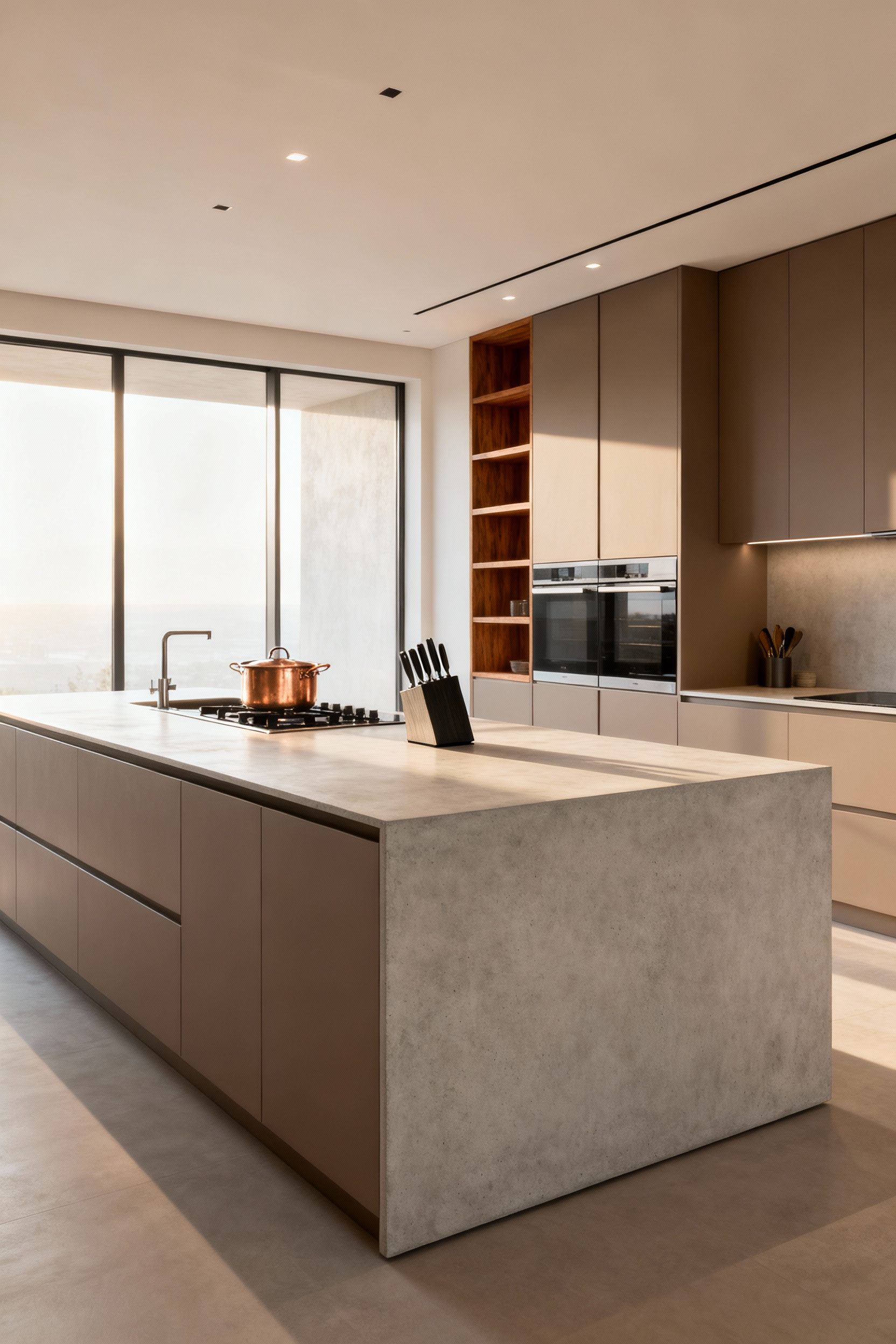 A minimalist modern kitchen showcasing fluid ergonomics, defined by a large taupe island, integrated seamless appliances, and precise organization to eliminate wasted movement between distinct work zones.