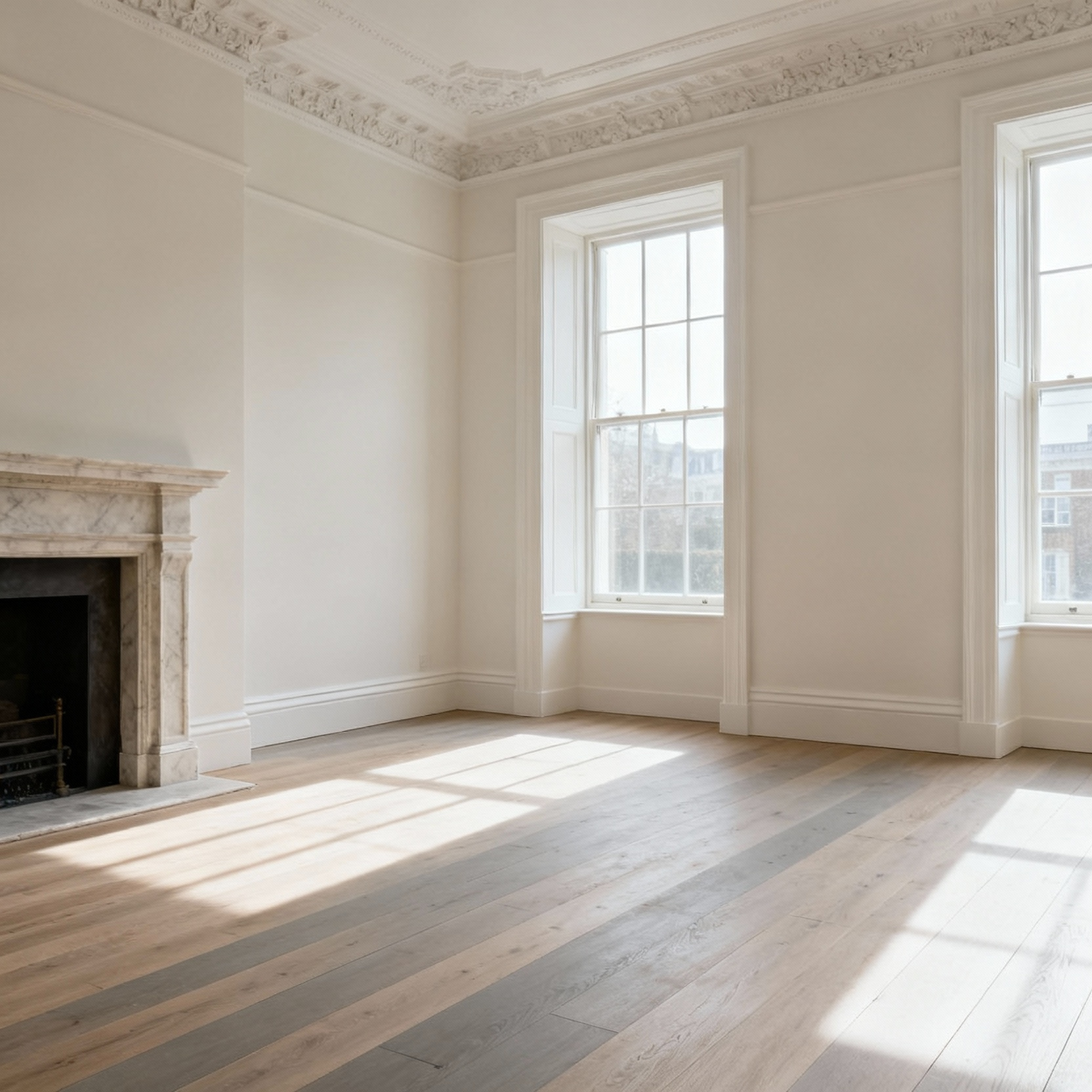 A photograph of an empty, newly restored Georgian living room featuring creamy white walls, light oak flooring, and intricate crown molding, emphasizing a foundational neutral palette.
