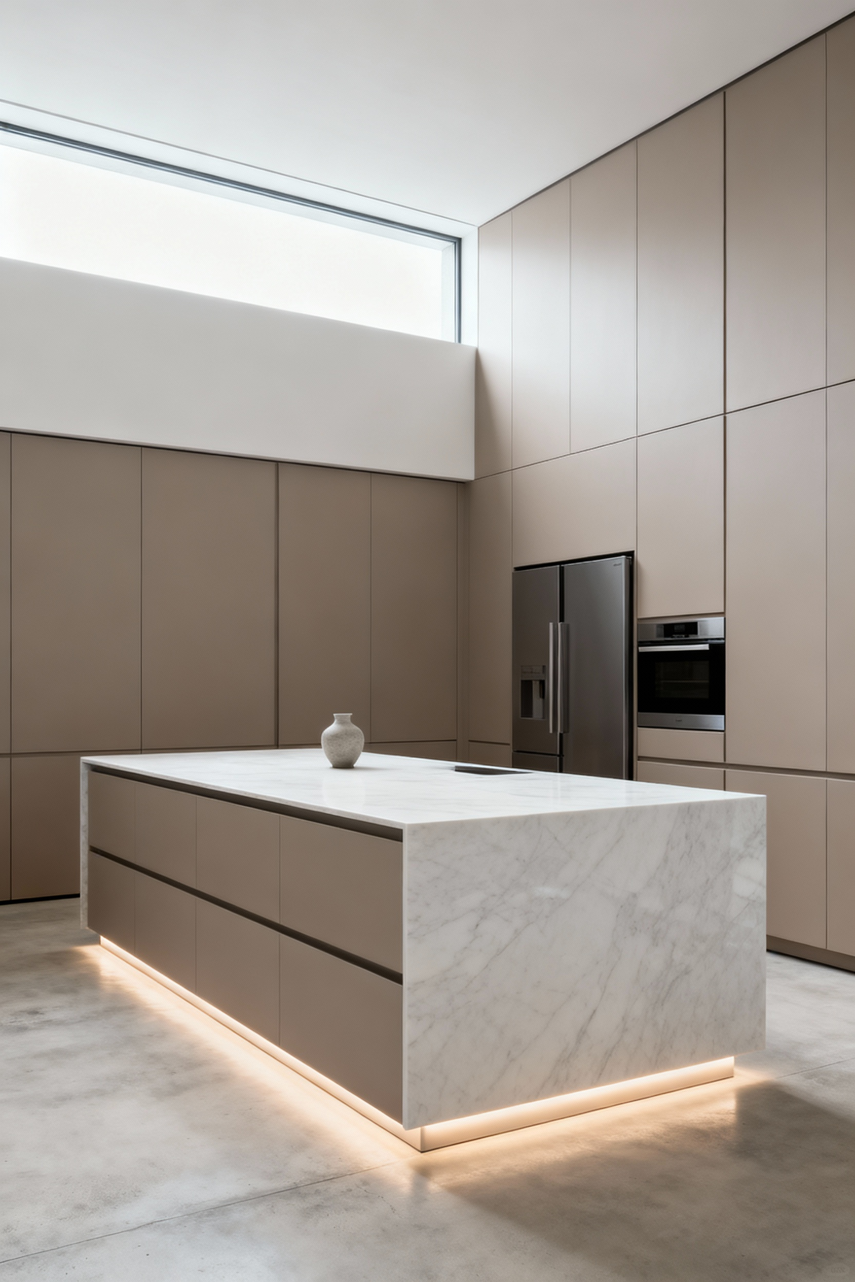 Minimalist modern kitchen featuring handleless, floor-to-ceiling matte taupe cabinetry and a monolithic marble island, designed for mental clarity and a peaceful environment.