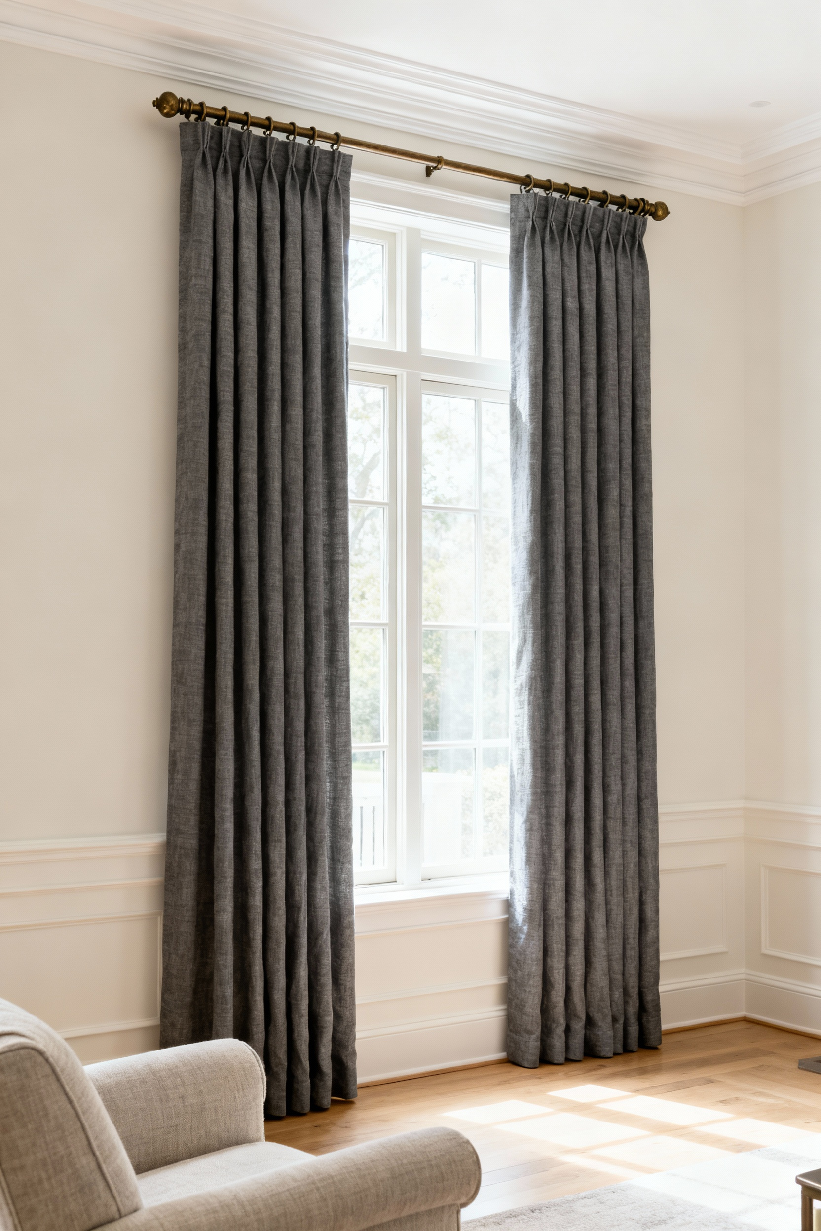 A photograph illustrating the correct way to hang drapery: mounting the rod high near the ceiling and extending it wide past the window frame to make the window appear significantly larger.