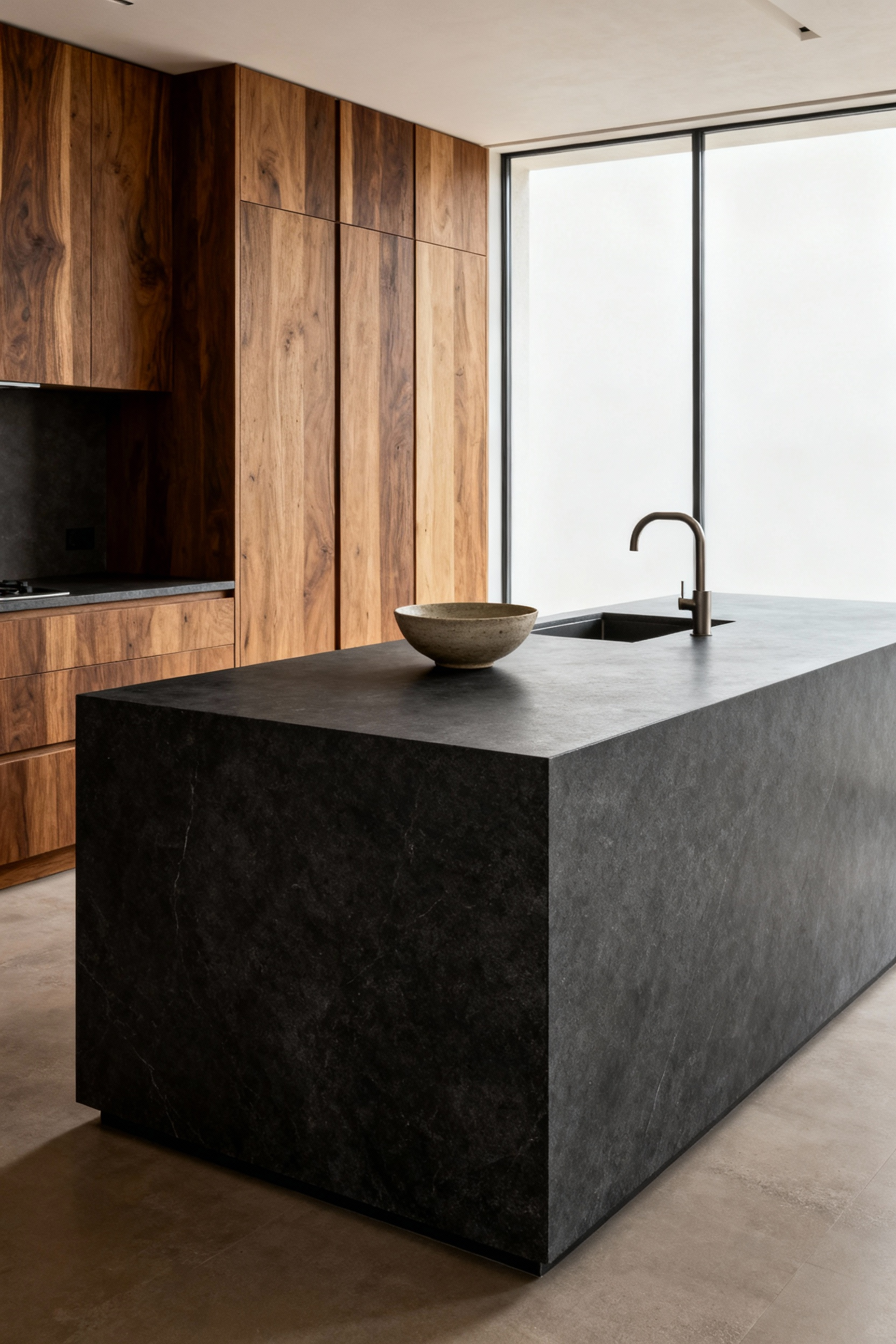 A contemporary, minimalist kitchen featuring a large central island with a thick, matte honed gray stone countertop that softly absorbs the natural light.