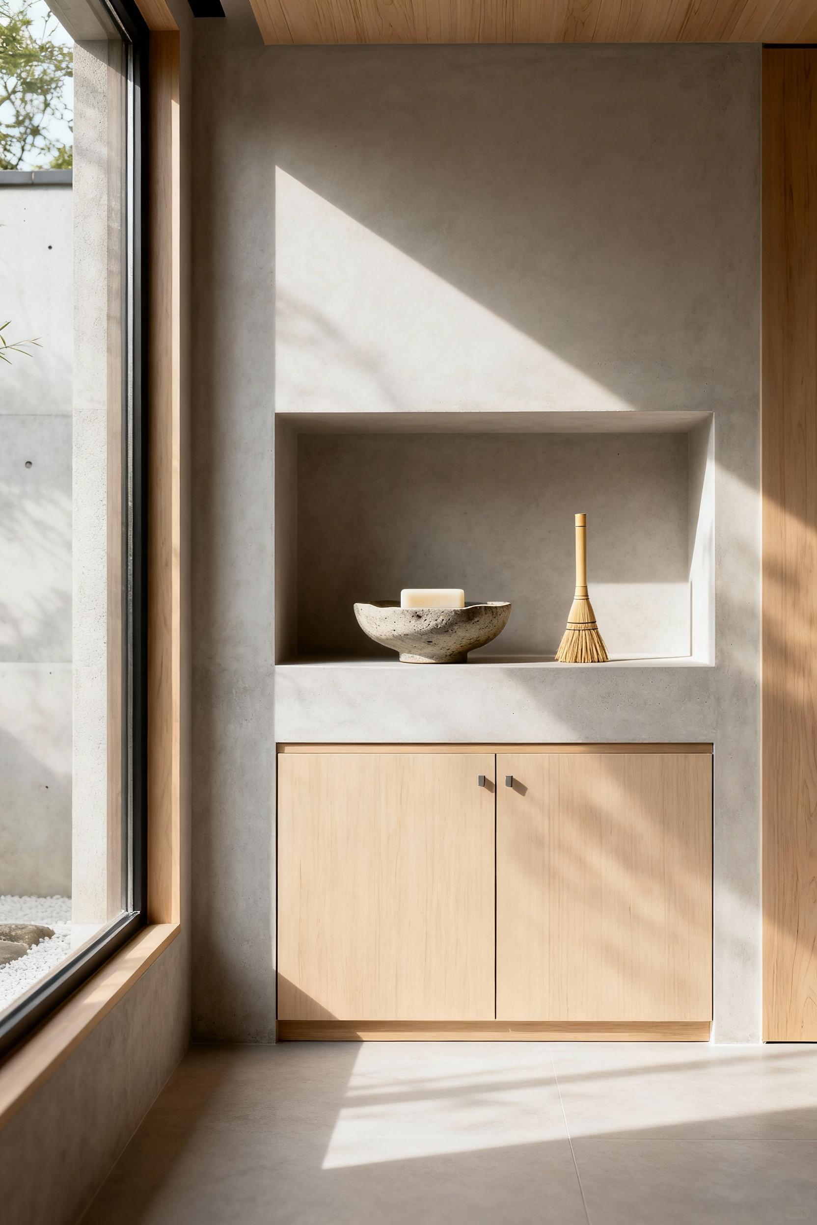 Serene Zen bathroom with minimalist design, clean lines, and thoughtfully curated storage, emphasizing intentional discarding and conscious curation with natural light and materials.