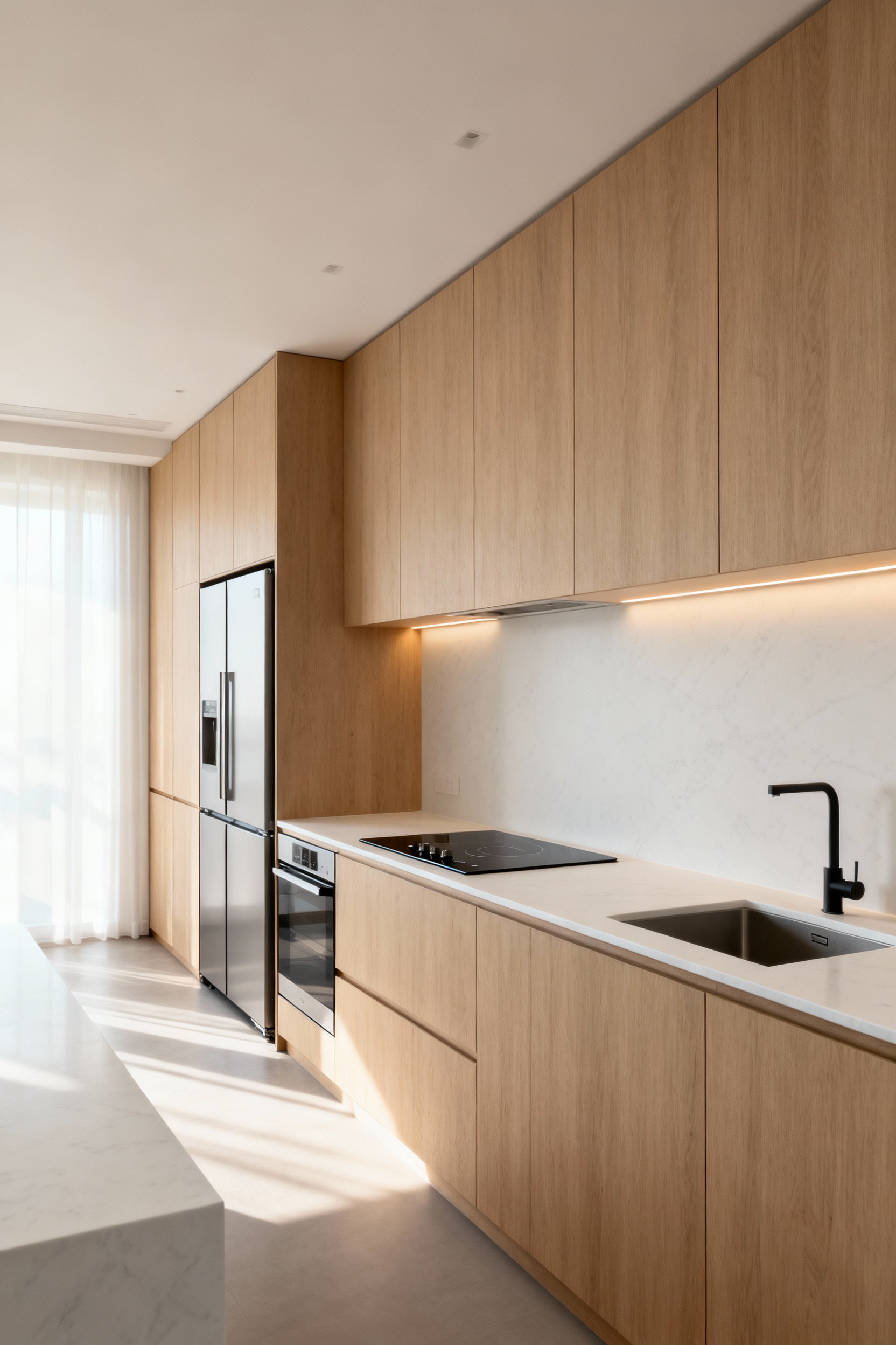A photograph of a sleek, minimalist kitchen where the refrigerator and dishwasher are fully hidden behind integrated counter-depth cabinet panels made of matte pale oak, achieving a completely smooth, invisible design.