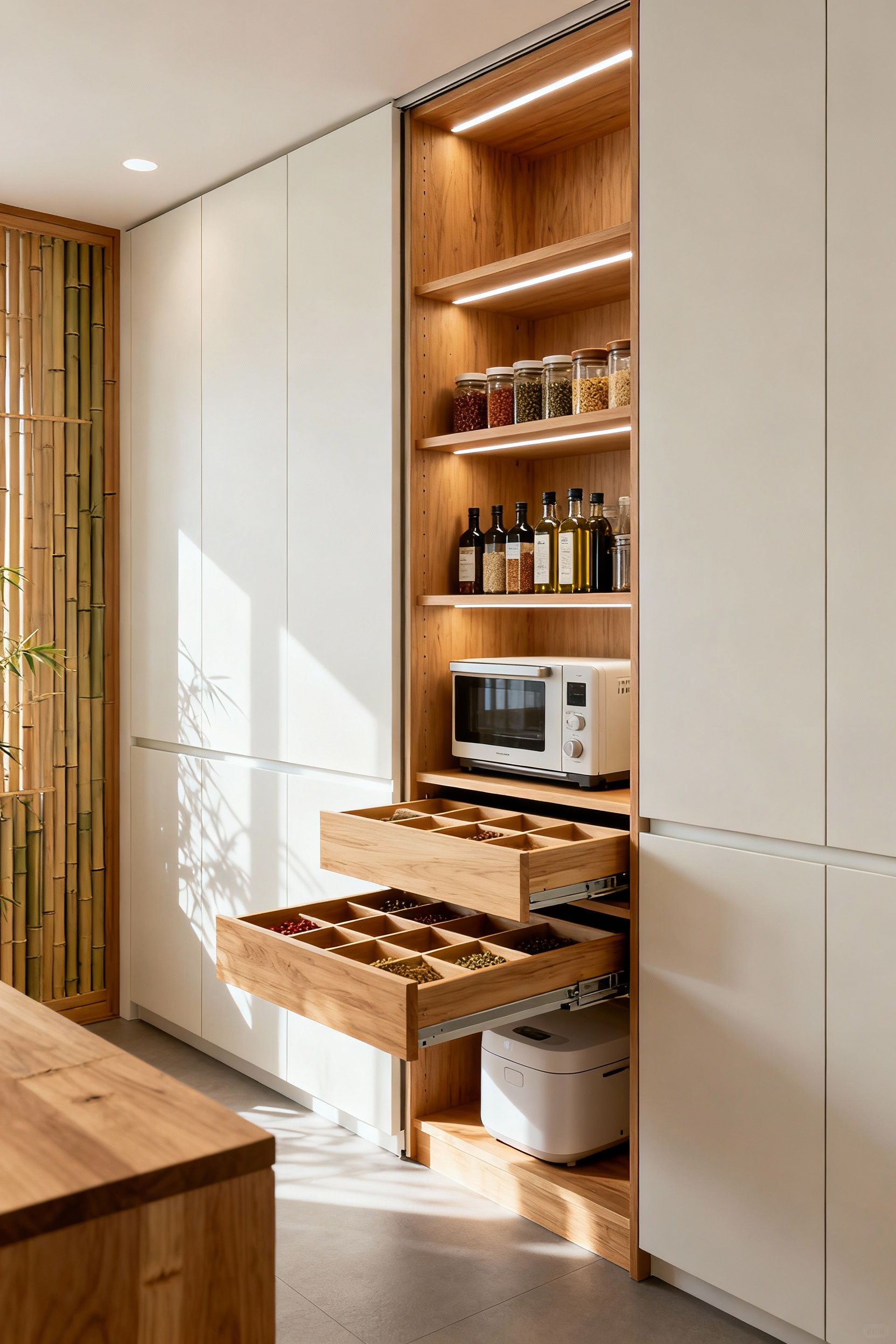 A modern, minimalist kitchen featuring sleek ceiling-height white cabinets and a vertical pantry pullout drawer opened to reveal internal bamboo and light oak dividers, illustrating Japanese organization principles.