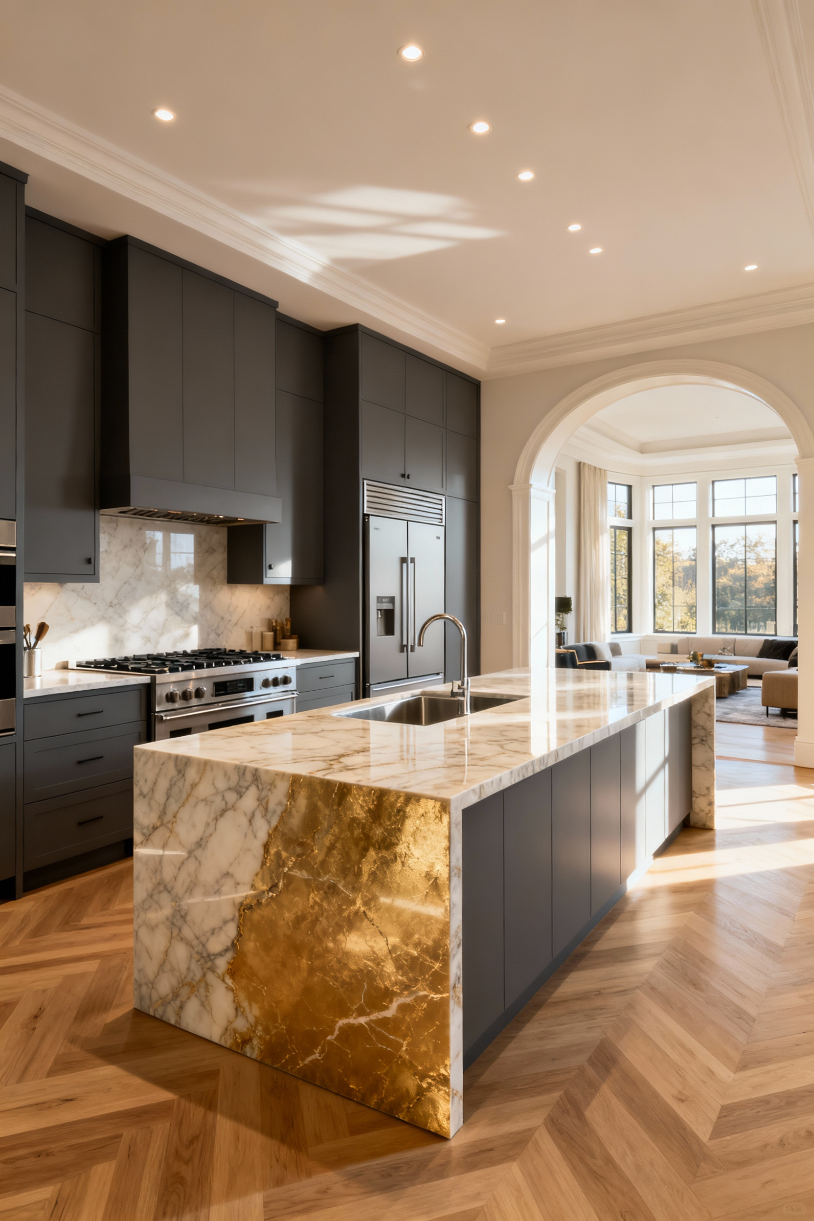 Panoramic view of a luxurious, architecturally designed kitchen showing the strategic layout of the sink, stove, and refrigerator to create an efficient work triangle and smooth traffic flow.