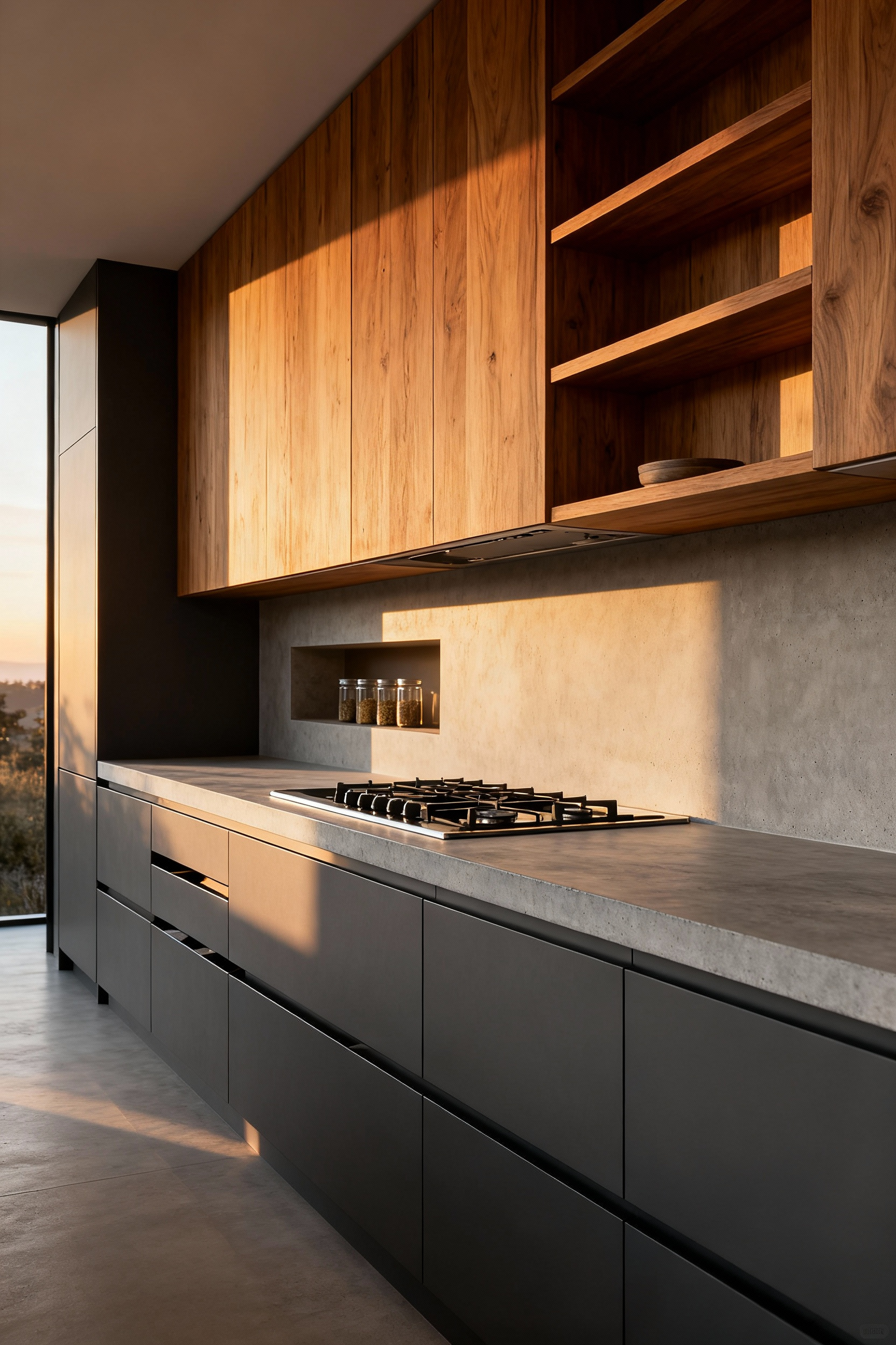 A photograph of a luxury, modern kitchen emphasizing organized task zones, featuring matte charcoal cabinetry, a honed light gray stone countertop, and a seamlessly integrated spice niche directly by the cooktop.