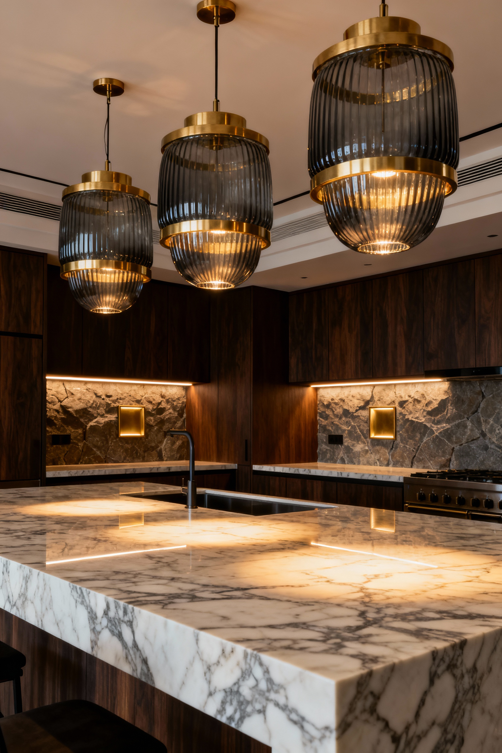 Wide view of a luxurious kitchen featuring layered lighting, including statement polished brass and smoke glass pendants over a Calacatta marble island, complemented by recessed and brass picture lights highlighting custom cabinetry.