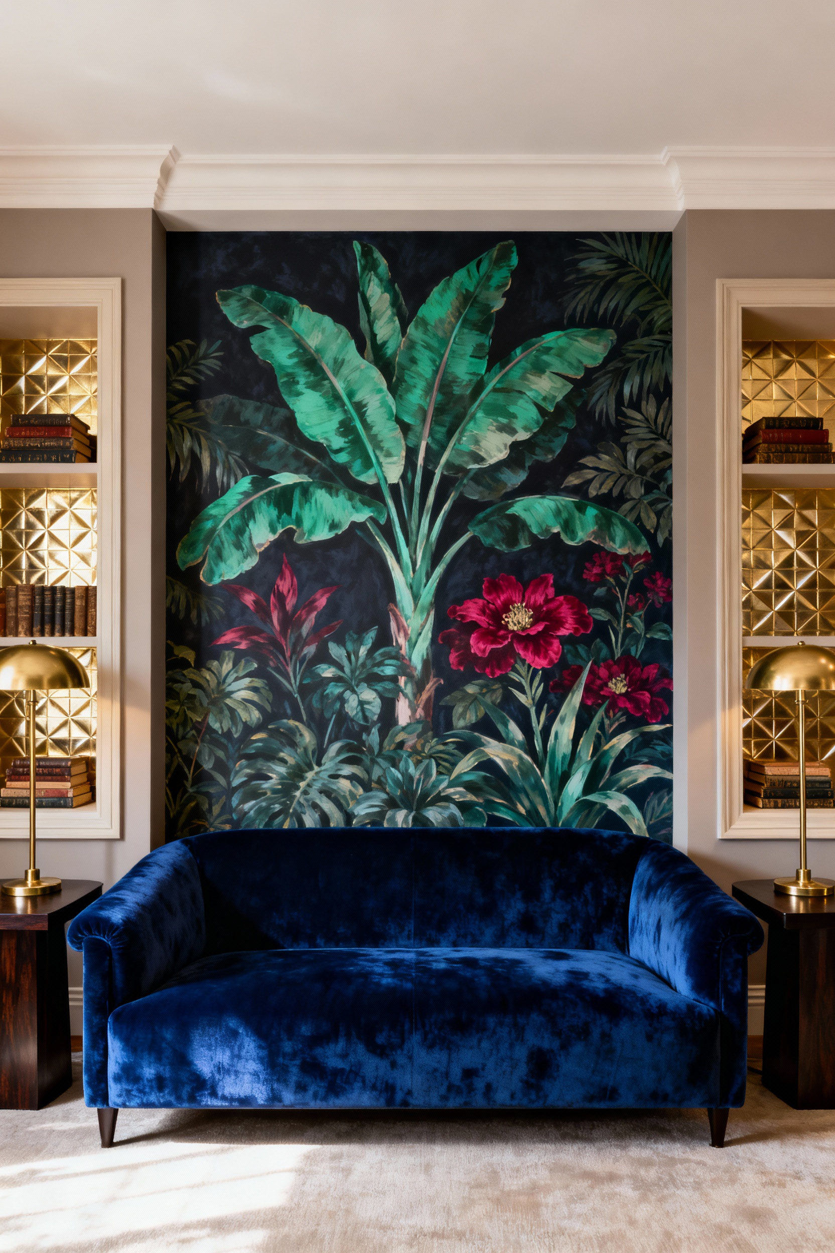 A luxurious living room featuring a dark botanical feature wall behind a sapphire velvet sofa, dramatically contrasted by recessed architectural alcoves lined with shimmering gold geometric wallpaper.