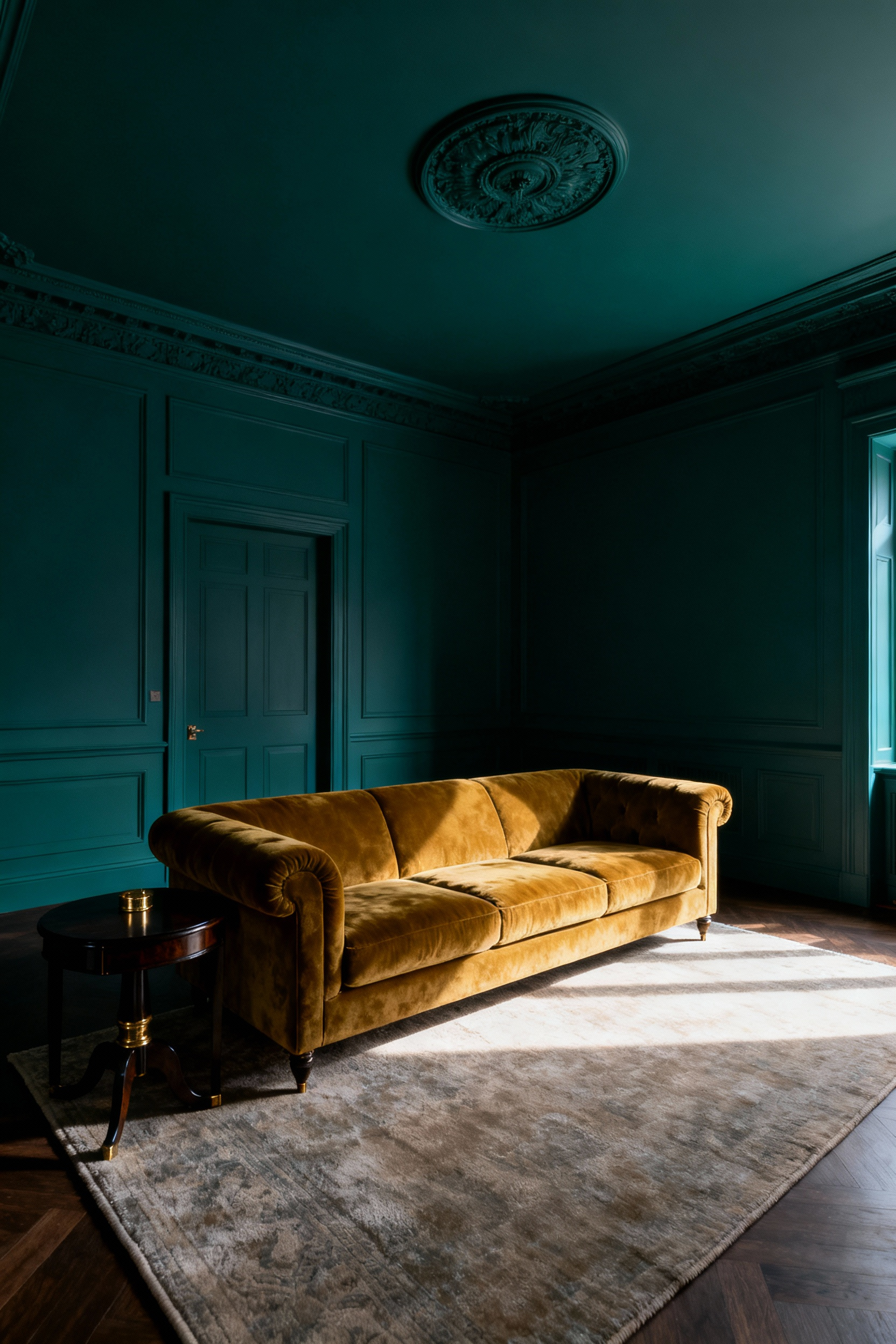 High-ceilinged living room showcasing the color drenching technique, where walls and ceiling are painted a deep forest teal for a cohesive, cocooning atmosphere.